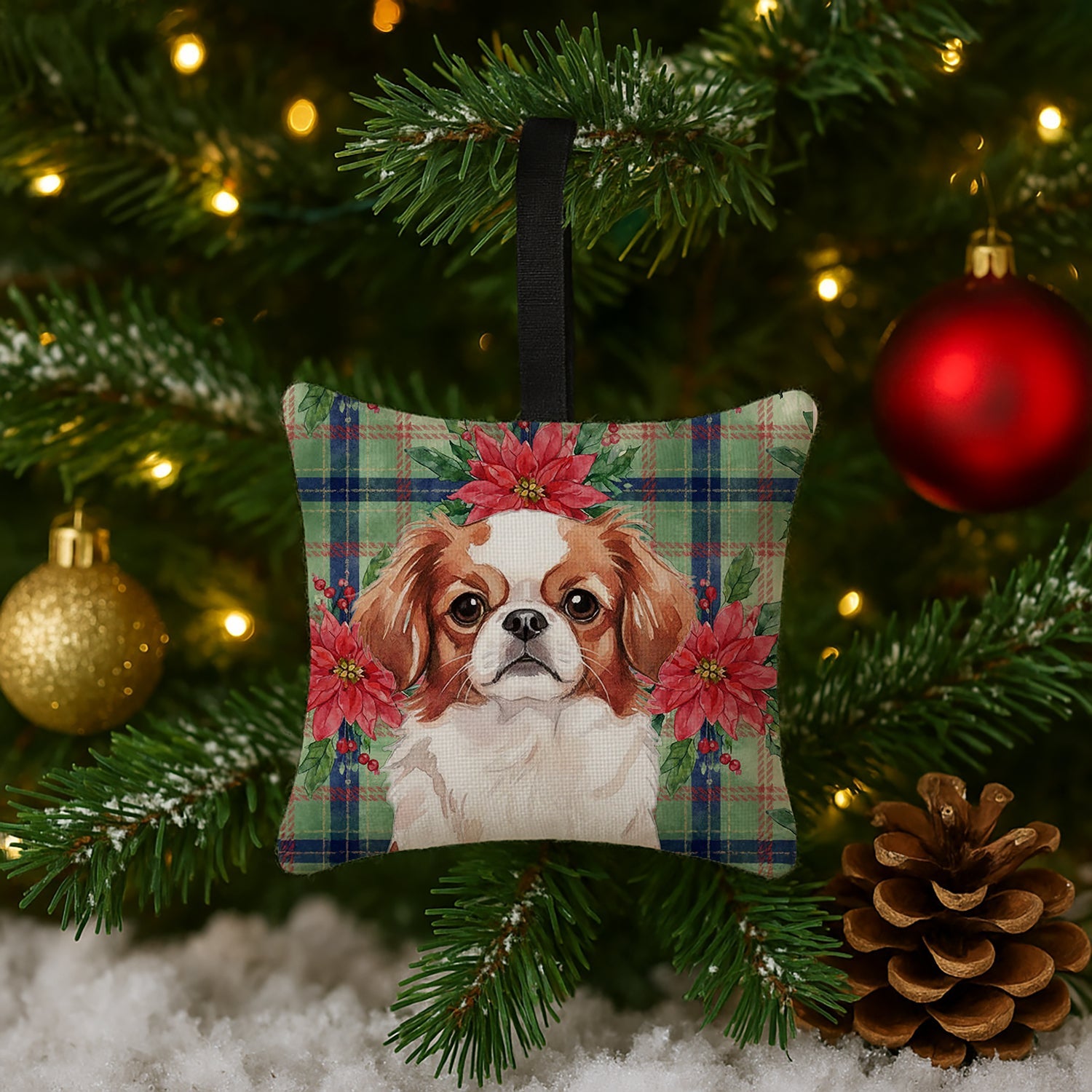 Red and White Japanese Chin Christmas PoinsettIas Hanging Square Fabric Ornament 3.5 � 3.5 Decorative Door-Knob & Tree Hanger, Soft Fabric