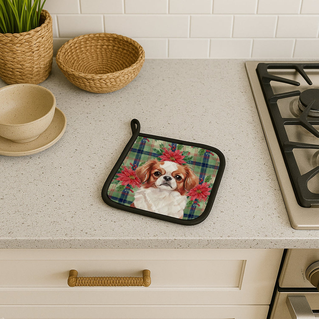 Red and White Japanese Chin Christmas PoinsettIas Pot Holder Set of 2 Heat Resistant Quilted Hot Pads 7.5 x 7.5 Inch, Insulated Kitchen Trivets for Cooking & Baking
