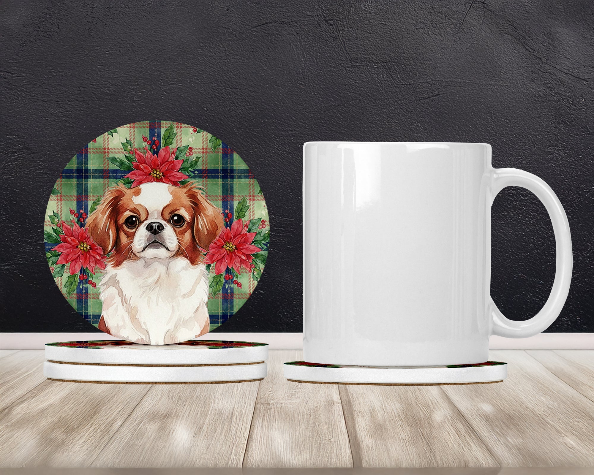 Red and White Japanese Chin Christmas PoinsettIas Large Sandstone Coasters Pack of 4 Absorbent Round Coasters Decor Gifts for Men or Women, 4 in, Multicolor