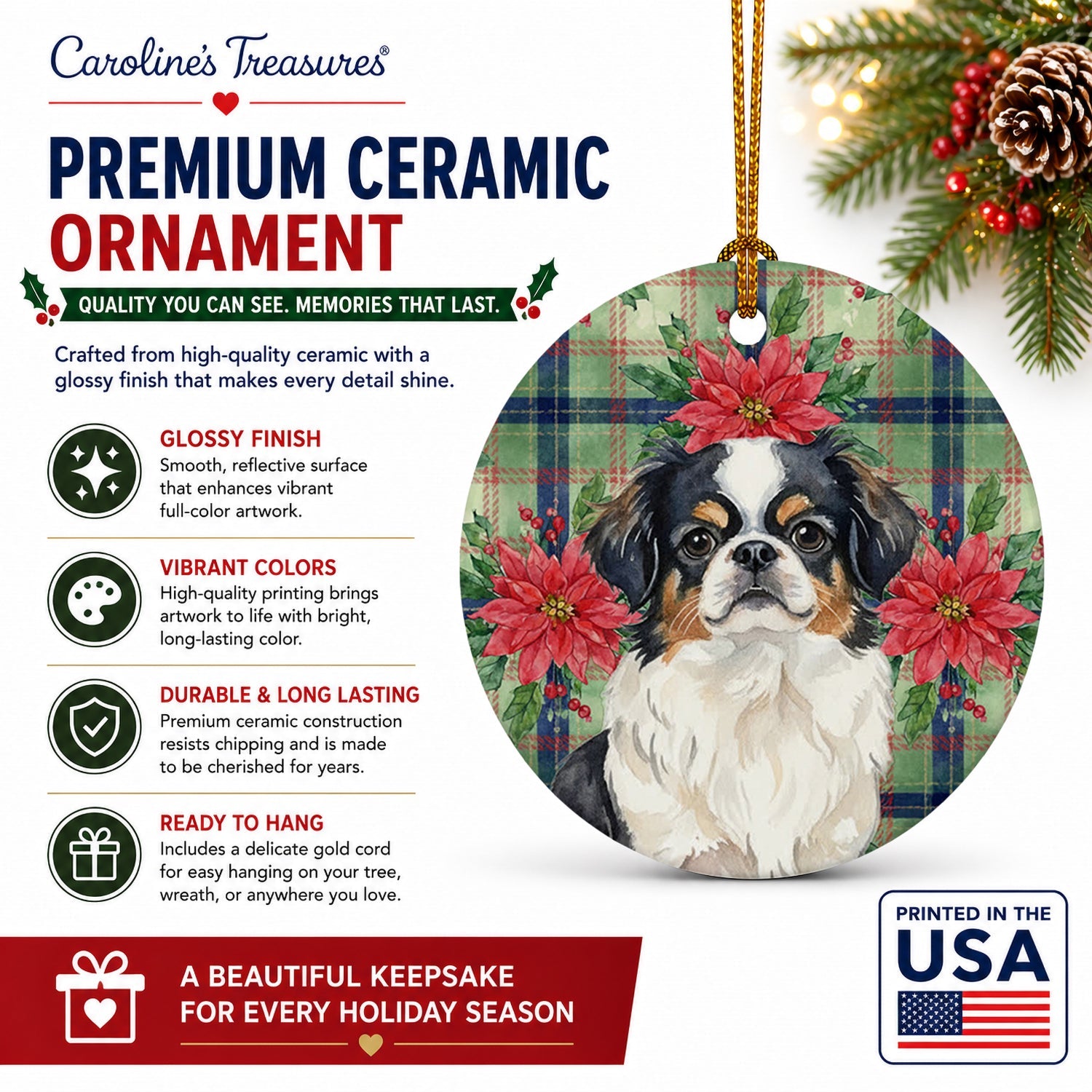 Tricolor Japanese Chin Christmas PoinsettIas Ceramic Ornament Christmas Tree Hanging Decorations for Home Christmas Holiday, Party, Gift, 3 in, Multicolor