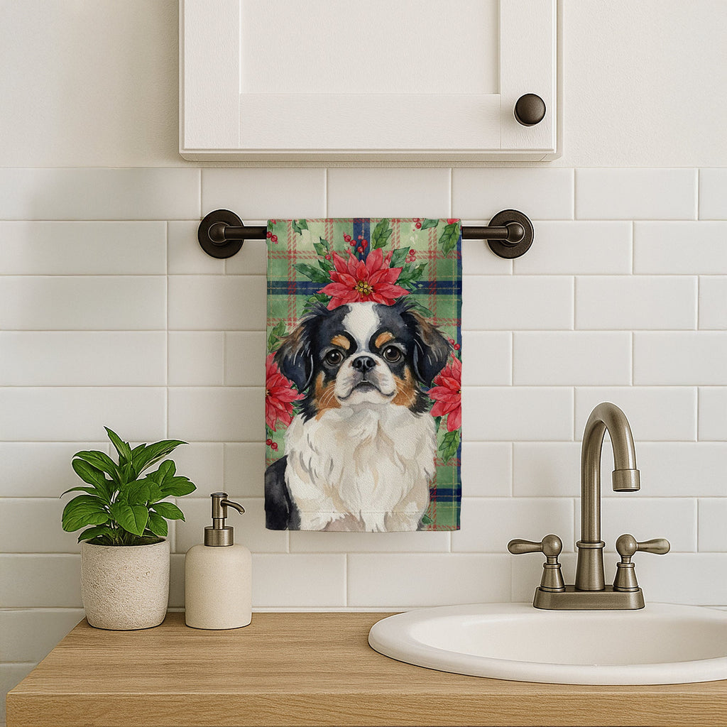Tricolor Japanese Chin Christmas PoinsettIas Kitchen Towel Velour Plush Front and Cotton Loop Back Machine Washable