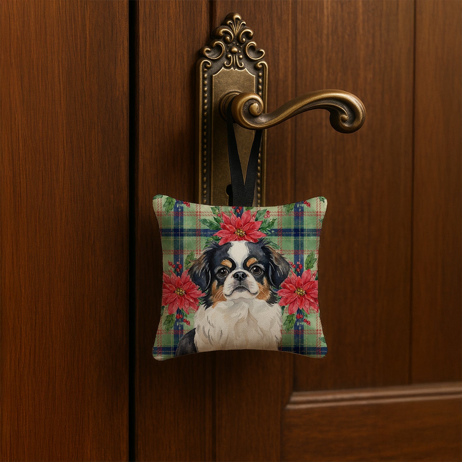 Tricolor Japanese Chin Christmas PoinsettIas Hanging Square Fabric Ornament 3.5 � 3.5 Decorative Door-Knob & Tree Hanger, Soft Fabric
