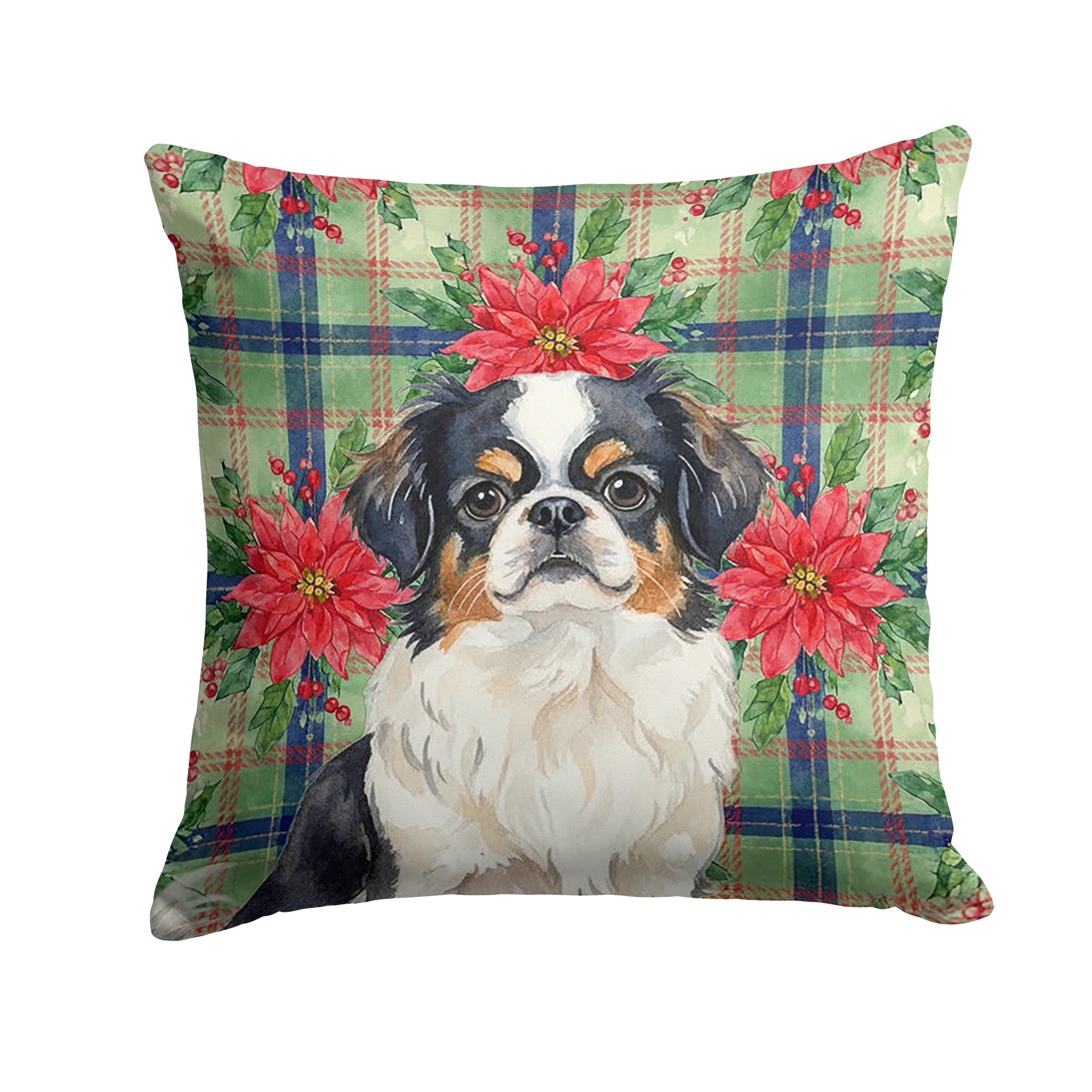 Tricolor Japanese Chin Christmas PoinsettIas Decorative Throw Pillow 14x14 Indoor Outdoor Accent Cushion, Fabric Cover with Insert for Sofa, Bed, Porch & Living Room