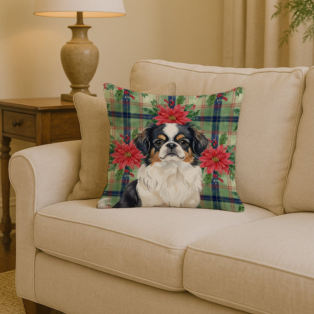 Tricolor Japanese Chin Christmas PoinsettIas Decorative Throw Pillow 14x14 Indoor Outdoor Accent Cushion, Fabric Cover with Insert for Sofa, Bed, Porch & Living Room