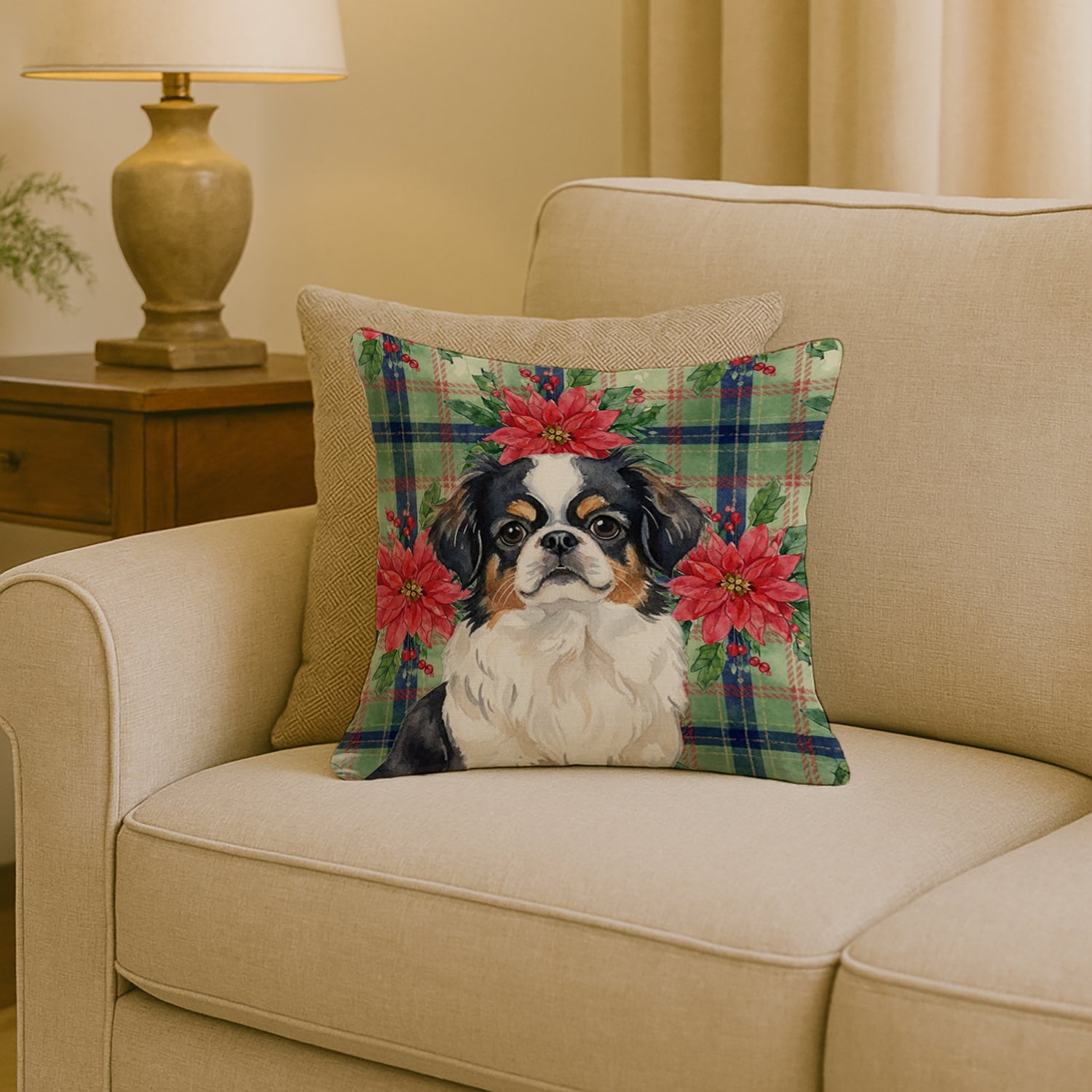 Tricolor Japanese Chin Christmas PoinsettIas Decorative Throw Pillow 18x18 Indoor Outdoor Accent Cushion, Fabric Cover with Insert for Sofa, Bed, Porch & Living Room