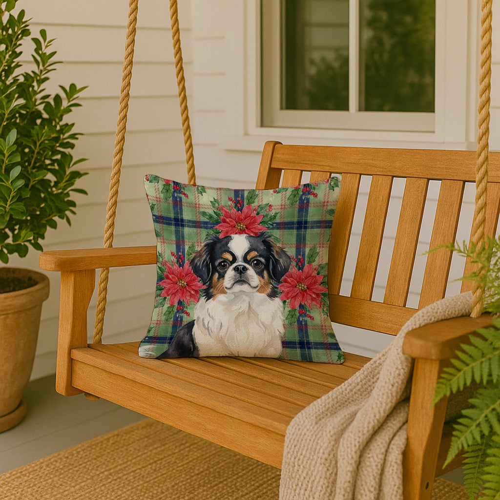 Tricolor Japanese Chin Christmas PoinsettIas Decorative Throw Pillow 18x18 Indoor Outdoor Accent Cushion, Fabric Cover with Insert for Sofa, Bed, Porch & Living Room
