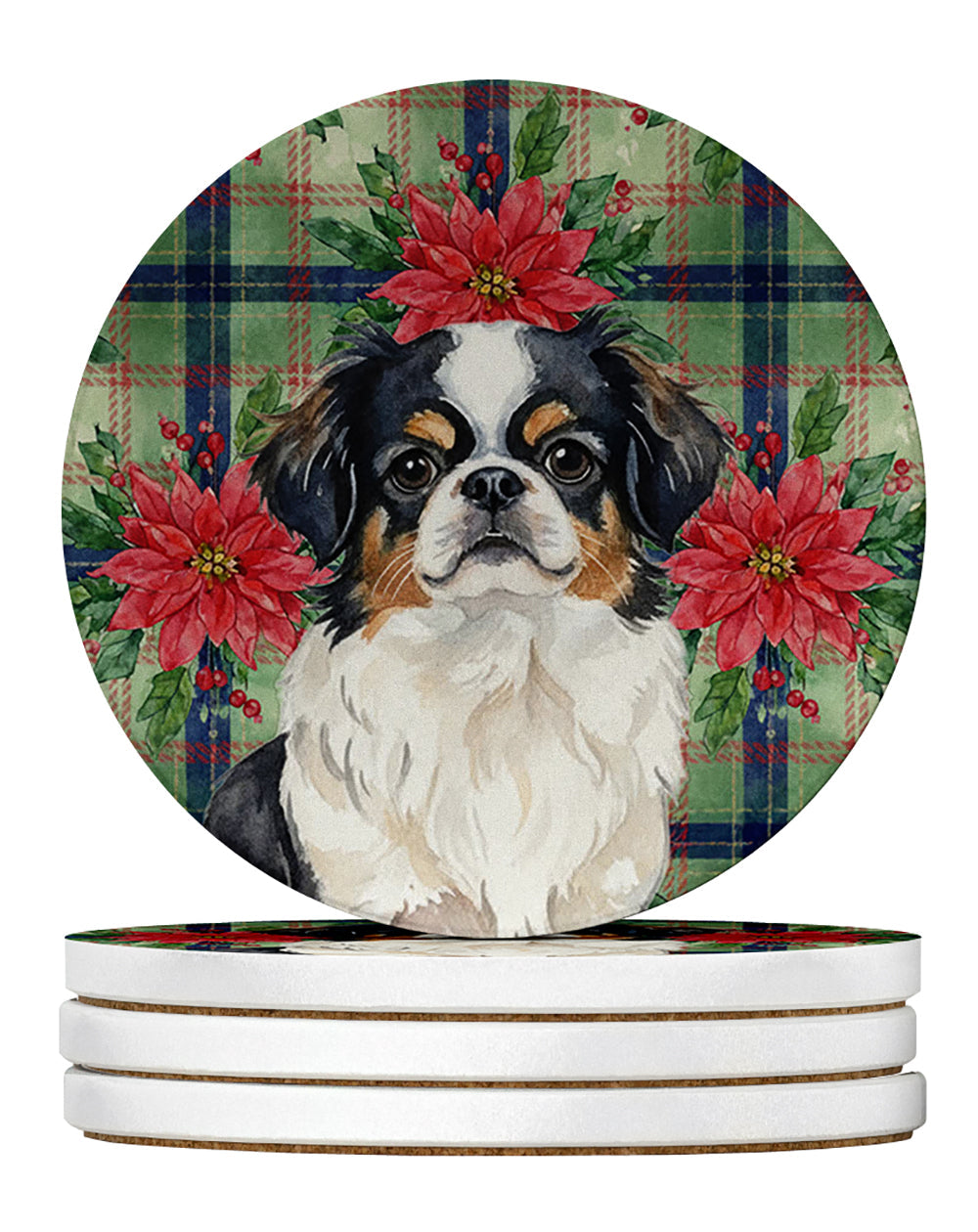 Tricolor Japanese Chin Christmas PoinsettIas Large Sandstone Coasters Pack of 4 Absorbent Round Coasters Decor Gifts for Men or Women, 4 in, Multicolor