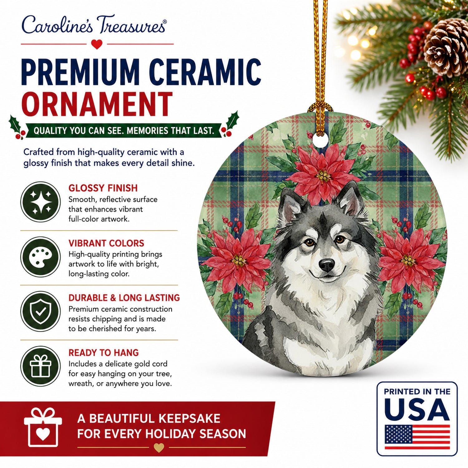 Keeshond Christmas PoinsettIas Ceramic Ornament Christmas Tree Hanging Decorations for Home Christmas Holiday, Party, Gift, 3 in, Multicolor