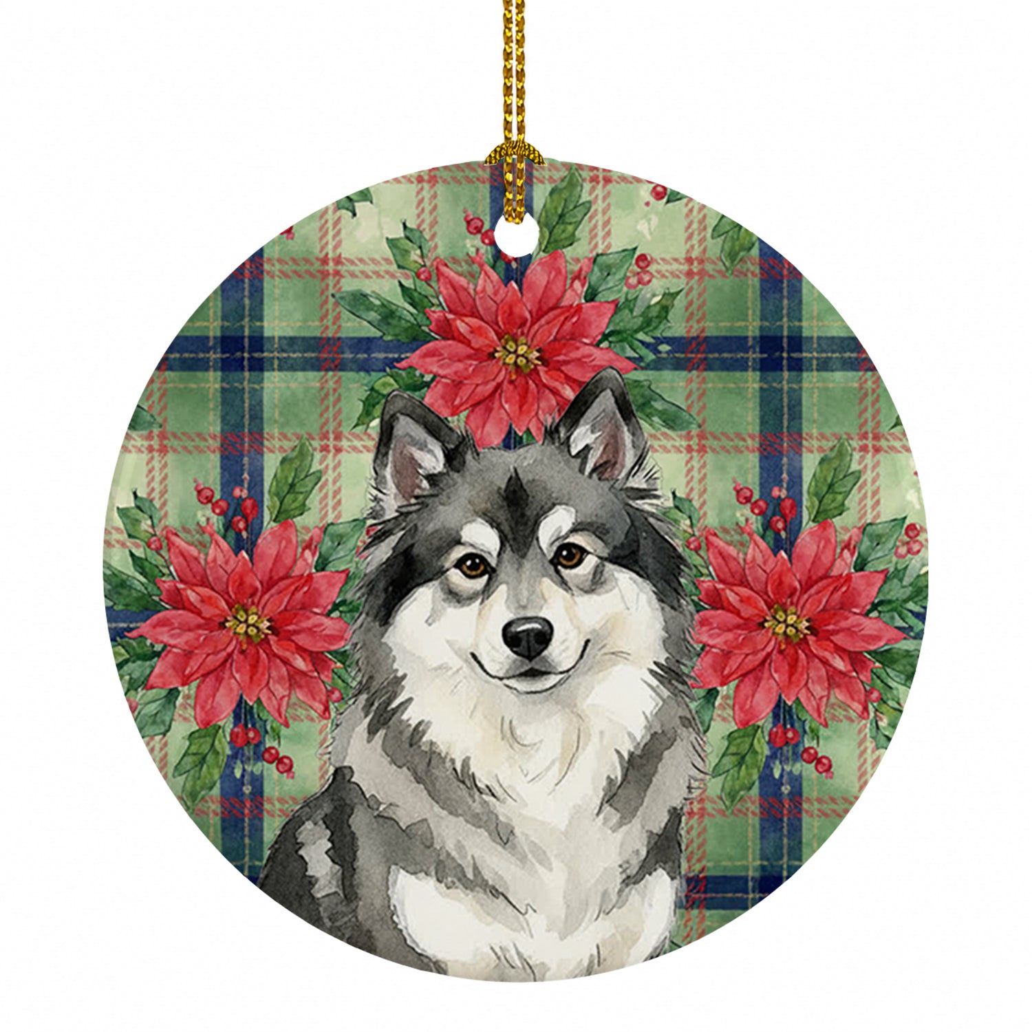 Keeshond Christmas PoinsettIas Ceramic Ornament Christmas Tree Hanging Decorations for Home Christmas Holiday, Party, Gift, 3 in, Multicolor