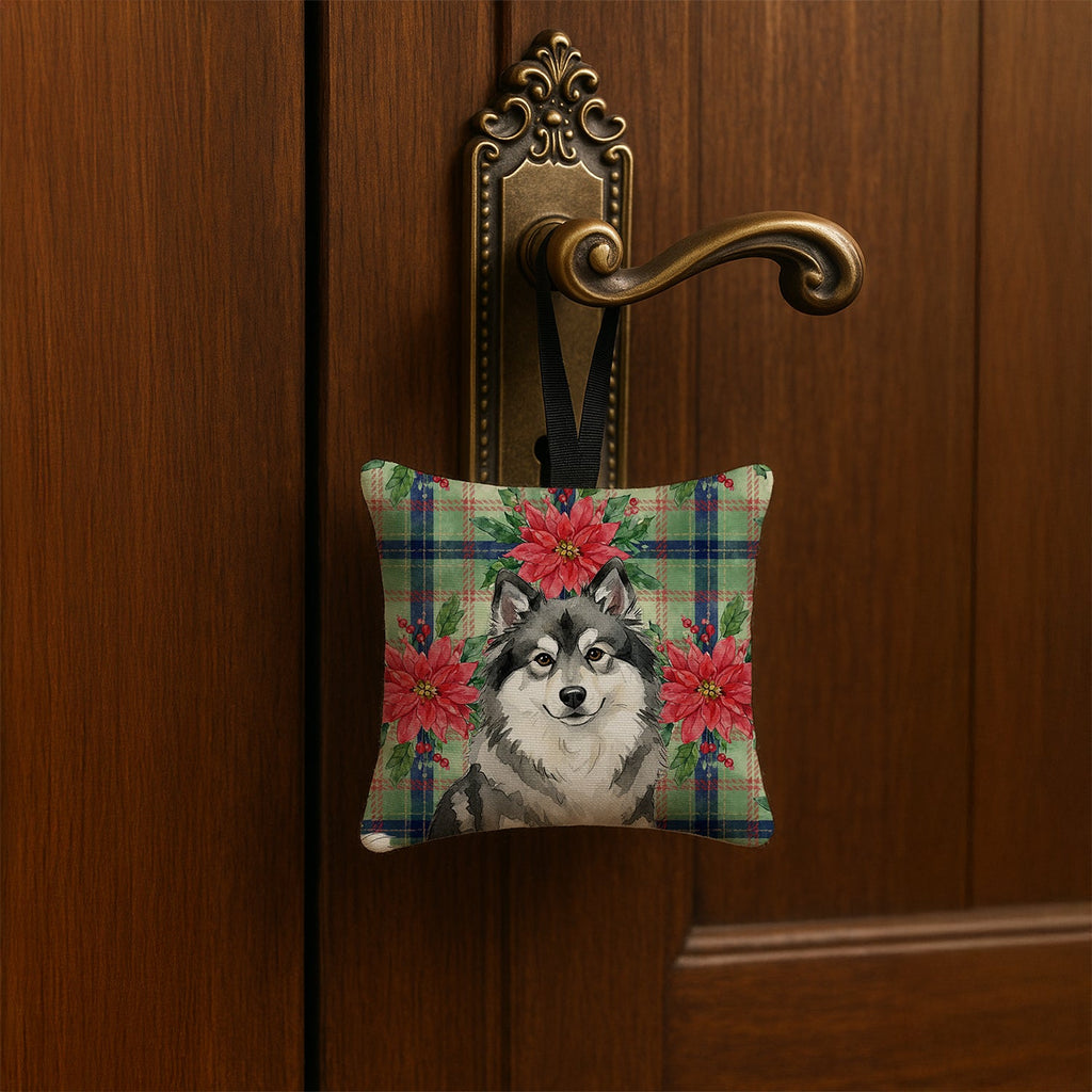 Keeshond Christmas PoinsettIas Hanging Square Fabric Ornament 3.5 � 3.5 Decorative Door-Knob & Tree Hanger, Soft Fabric