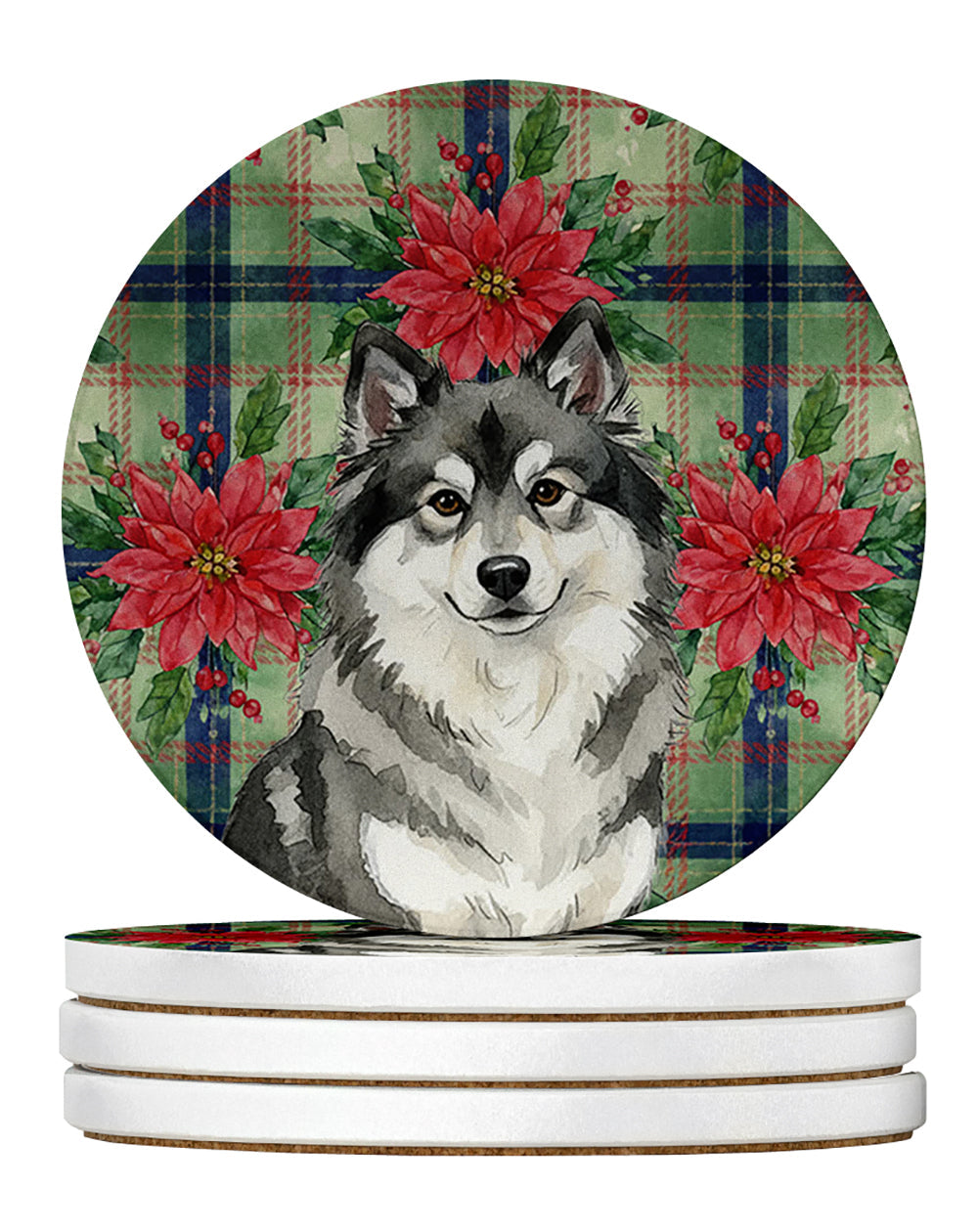 Keeshond Christmas PoinsettIas Large Sandstone Coasters Pack of 4 Absorbent Round Coasters Decor Gifts for Men or Women, 4 in, Multicolor