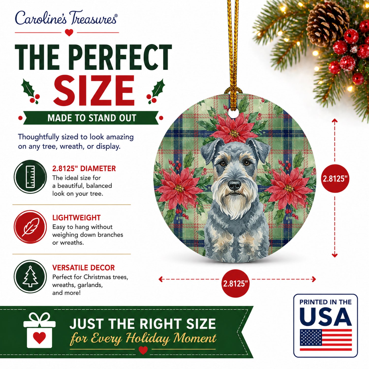 Kerry Blue Terrier Christmas PoinsettIas Ceramic Ornament Christmas Tree Hanging Decorations for Home Christmas Holiday, Party, Gift, 3 in, Multicolor