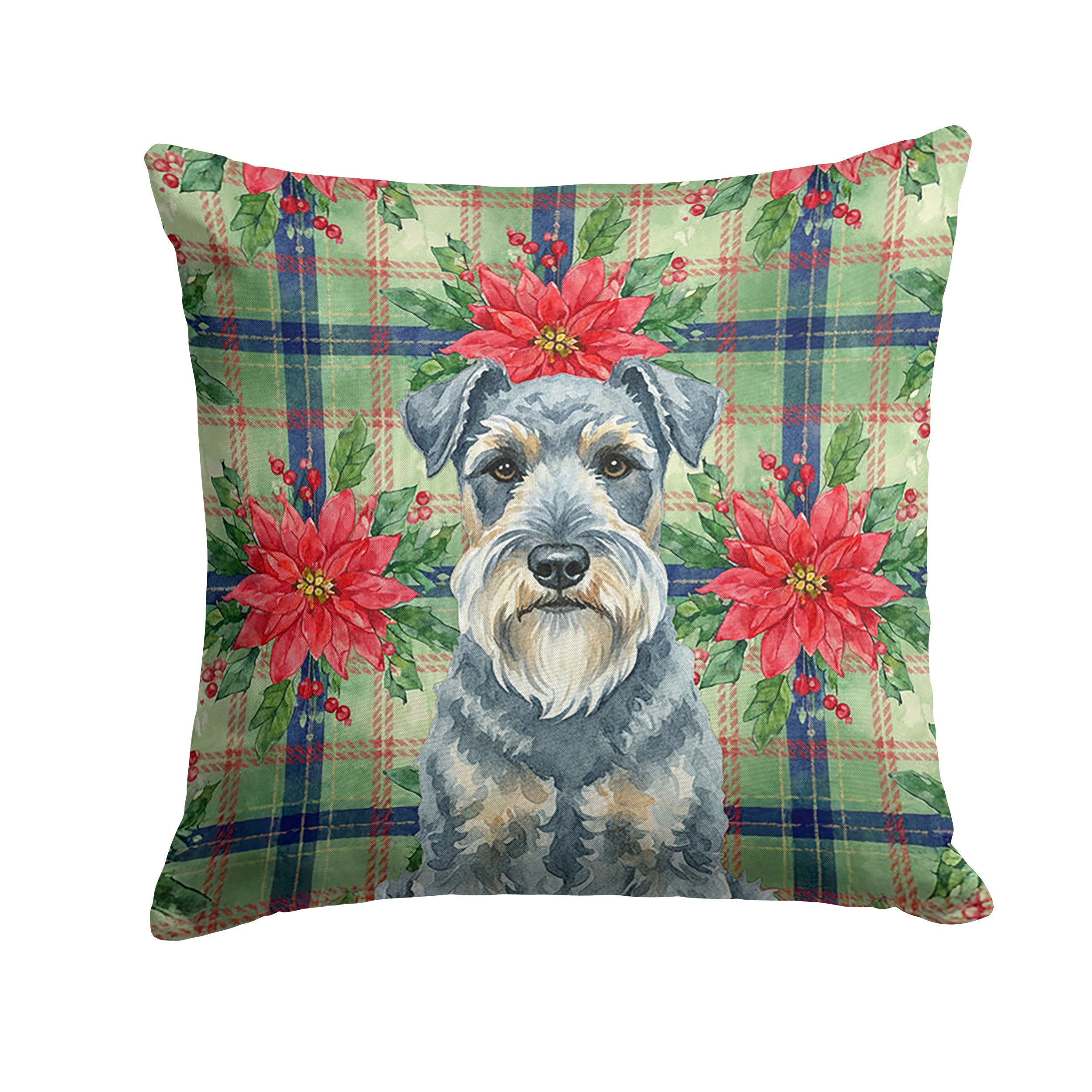 Kerry Blue Terrier Christmas PoinsettIas Decorative Throw Pillow 14x14 Indoor Outdoor Accent Cushion, Fabric Cover with Insert for Sofa, Bed, Porch & Living Room