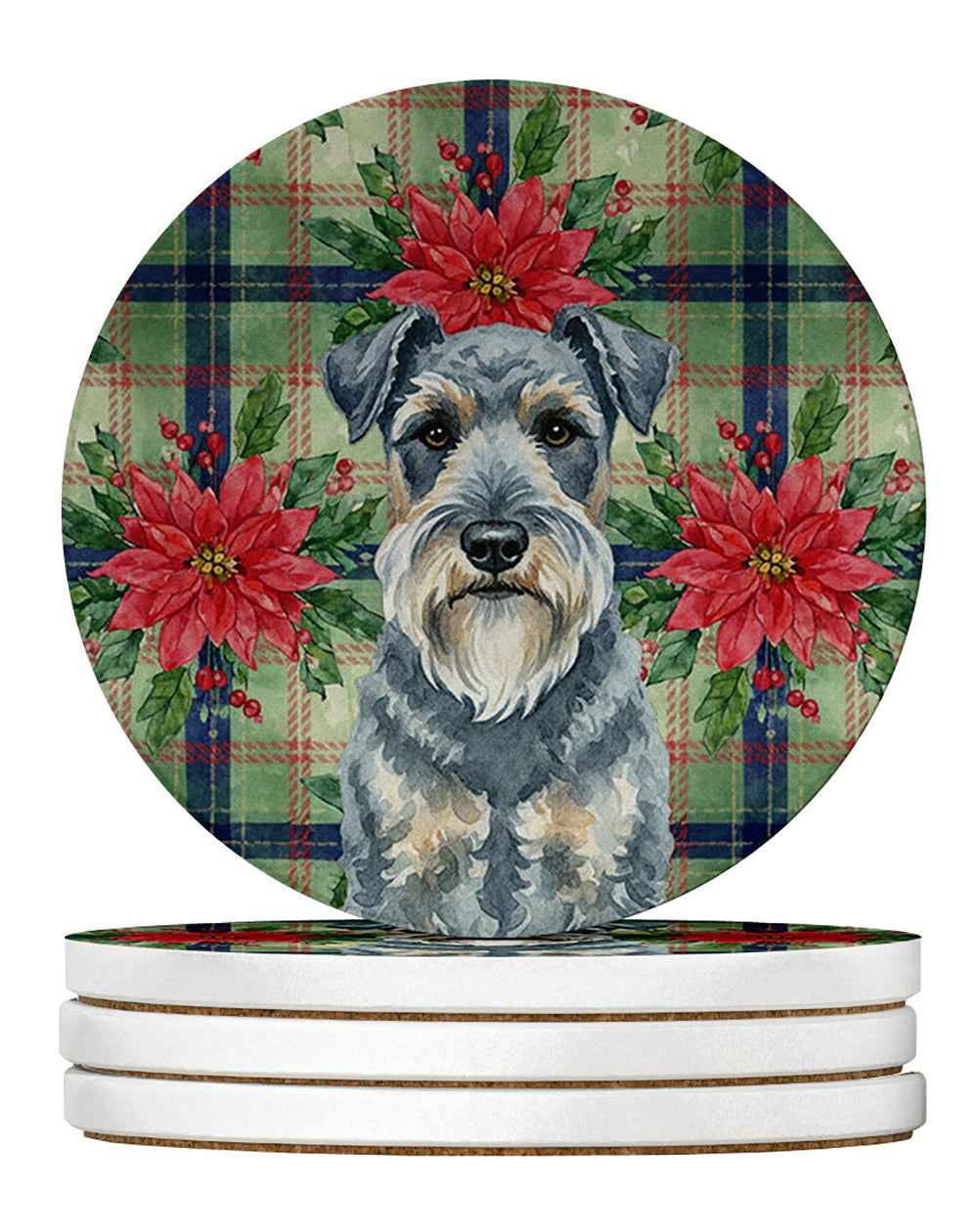 Kerry Blue Terrier Christmas PoinsettIas Large Sandstone Coasters Pack of 4 Absorbent Round Coasters Decor Gifts for Men or Women, 4 in, Multicolor