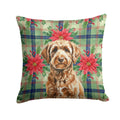 Chocolate Labradoodle Christmas PoinsettIas Decorative Throw Pillow 18x18 Indoor Outdoor Accent Cushion, Fabric Cover with Insert for Sofa, Bed, Porch & Living Room