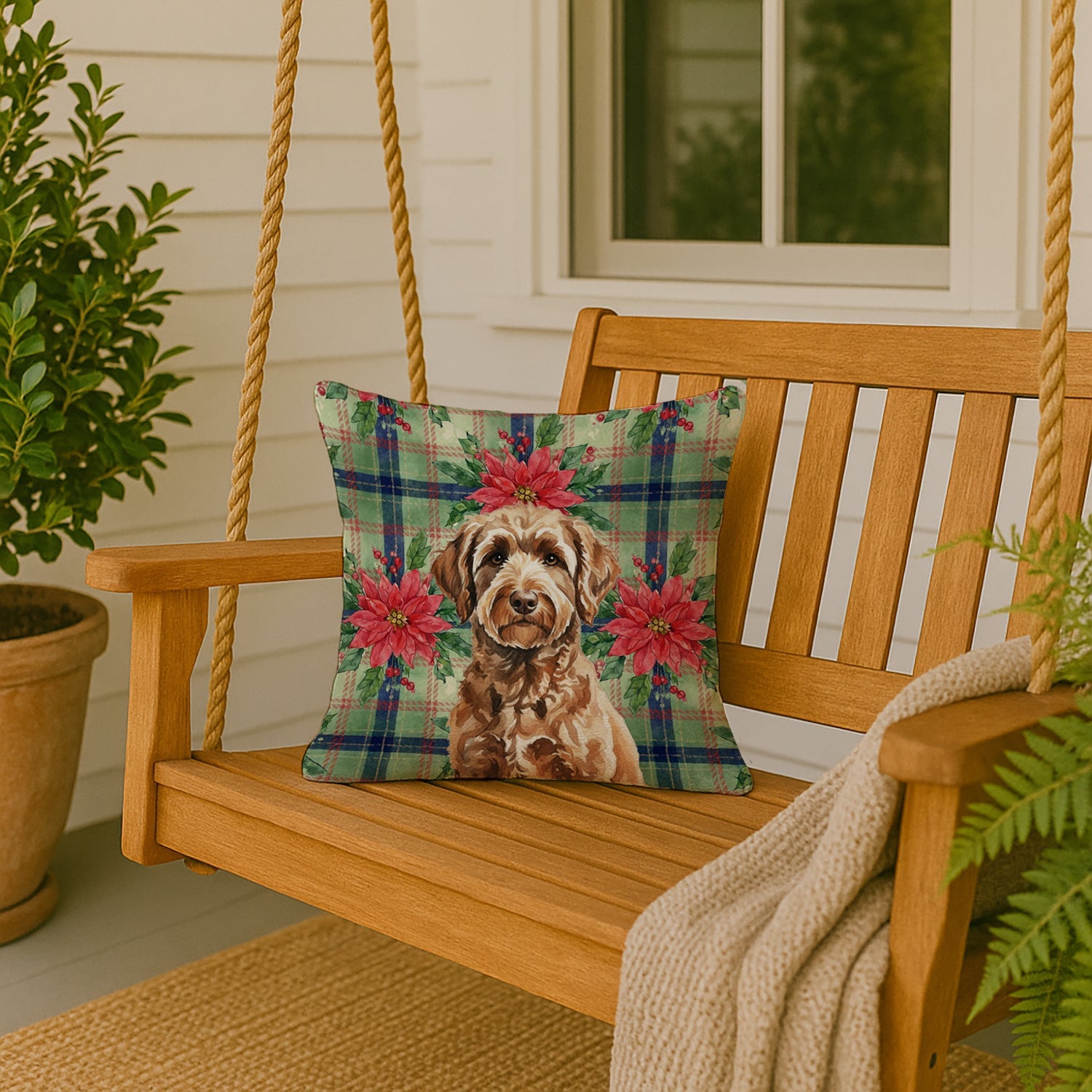 Chocolate Labradoodle Christmas PoinsettIas Decorative Throw Pillow 18x18 Indoor Outdoor Accent Cushion, Fabric Cover with Insert for Sofa, Bed, Porch & Living Room