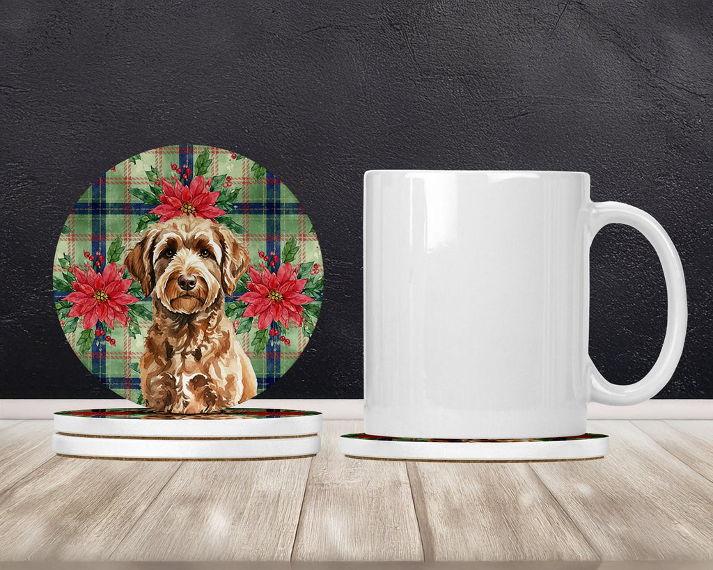 Chocolate Labradoodle Christmas PoinsettIas Large Sandstone Coasters Pack of 4 Absorbent Round Coasters Decor Gifts for Men or Women, 4 in, Multicolor