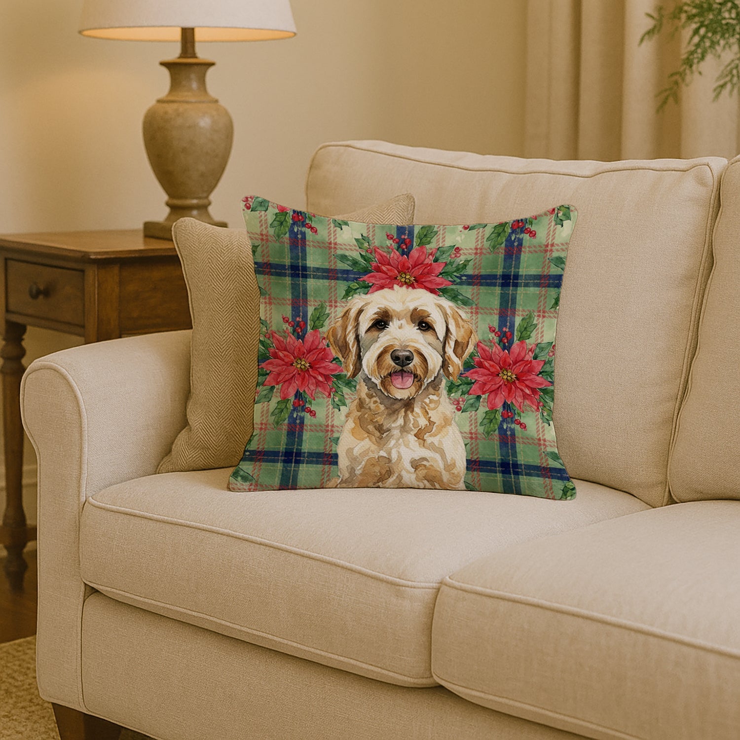 Labradoodle Christmas PoinsettIas Decorative Throw Pillow 14x14 Indoor Outdoor Accent Cushion, Fabric Cover with Insert for Sofa, Bed, Porch & Living Room