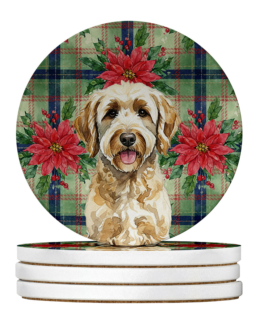 Labradoodle Christmas PoinsettIas Large Sandstone Coasters Pack of 4 Absorbent Round Coasters Decor Gifts for Men or Women, 4 in, Multicolor