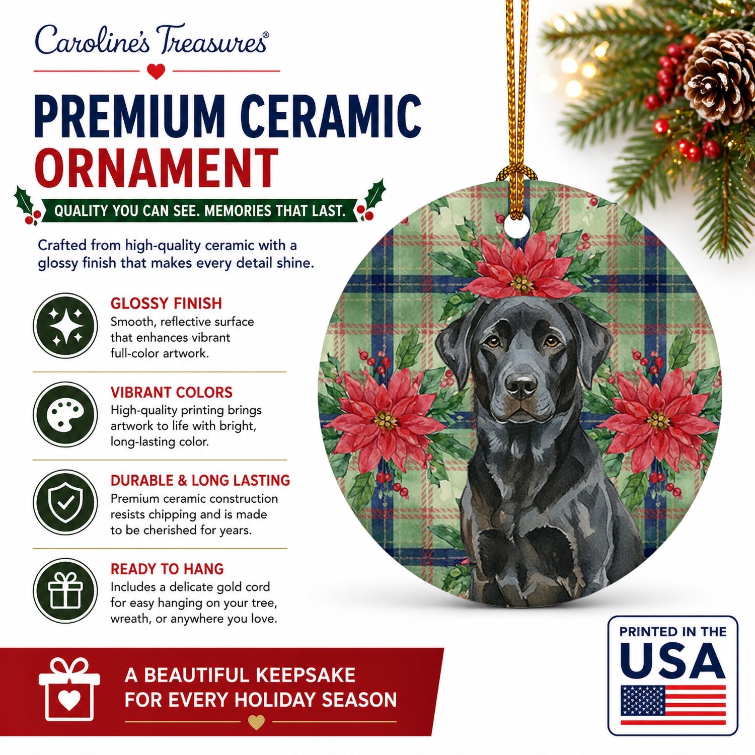 Black Labrador Retriever Christmas PoinsettIas Ceramic Ornament Christmas Tree Hanging Decorations for Home Christmas Holiday, Party, Gift, 3 in, Multicolor