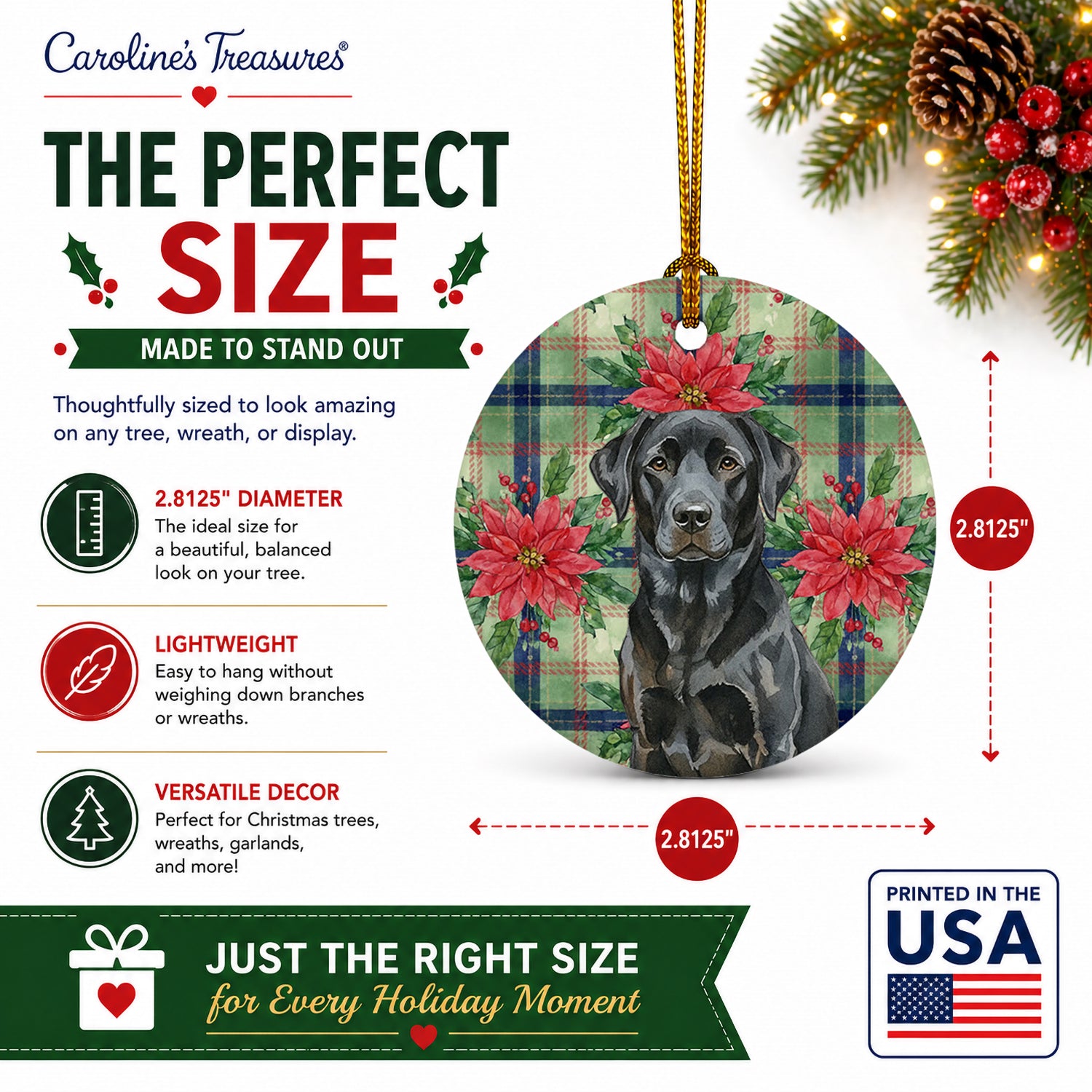 Black Labrador Retriever Christmas PoinsettIas Ceramic Ornament Christmas Tree Hanging Decorations for Home Christmas Holiday, Party, Gift, 3 in, Multicolor