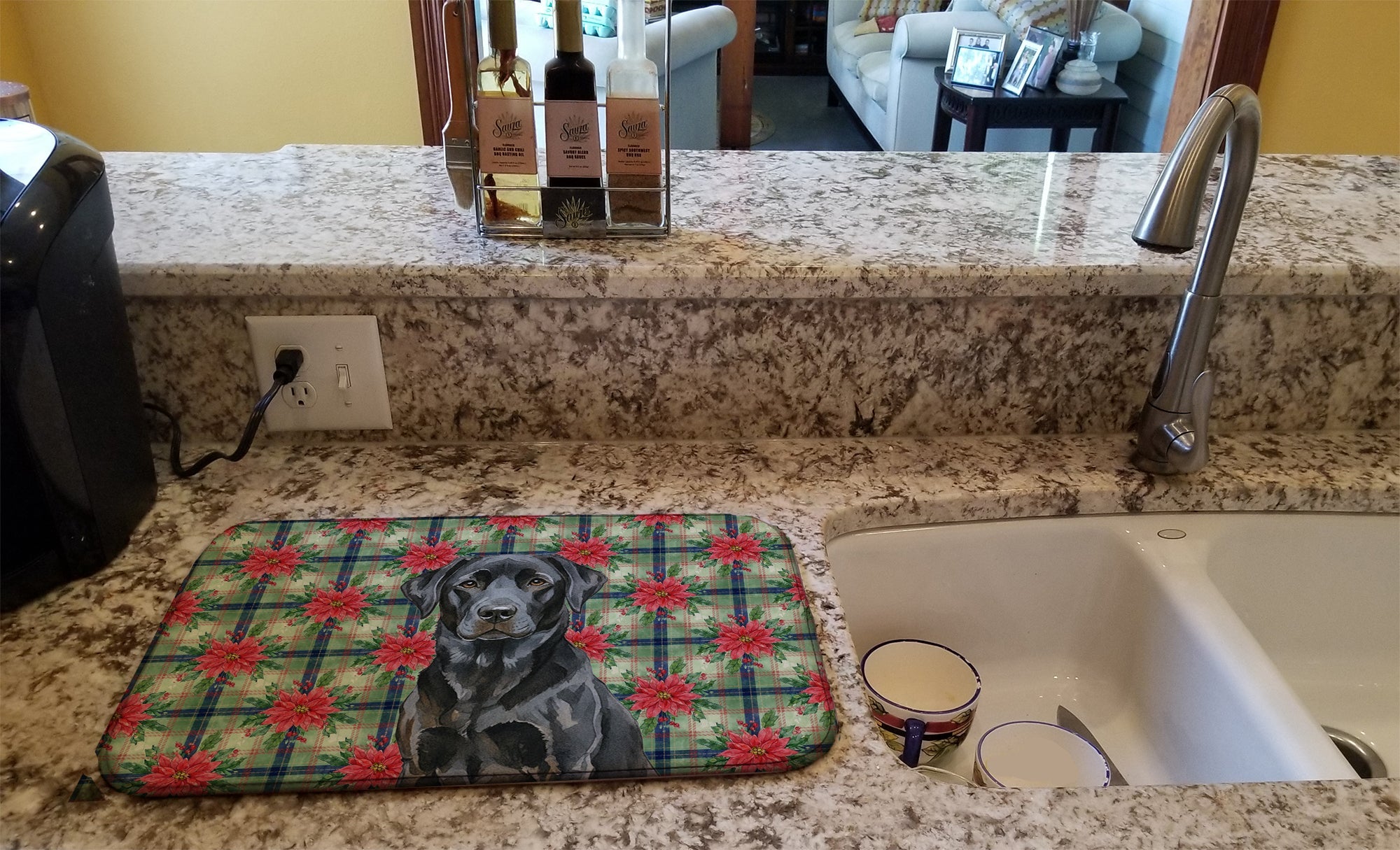 Black Labrador Retriever Christmas PoinsettIas Dish Drying Mat Absorbent Dish Drying Mat Pad for Kitchen Counter Dish Drainer Mat for Countertop, 14 x 21", Multicolor