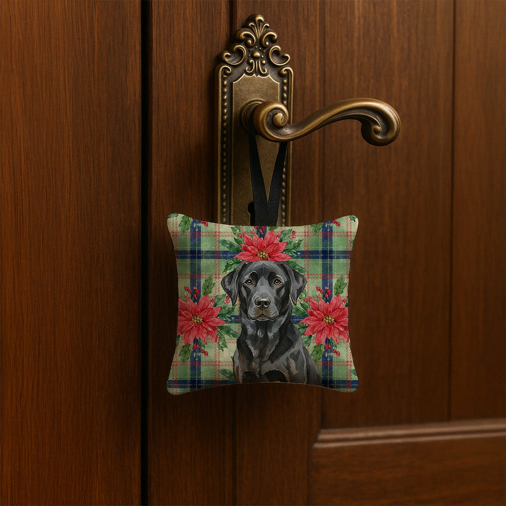 Black Labrador Retriever Christmas PoinsettIas Hanging Square Fabric Ornament 3.5 � 3.5 Decorative Door-Knob & Tree Hanger, Soft Fabric