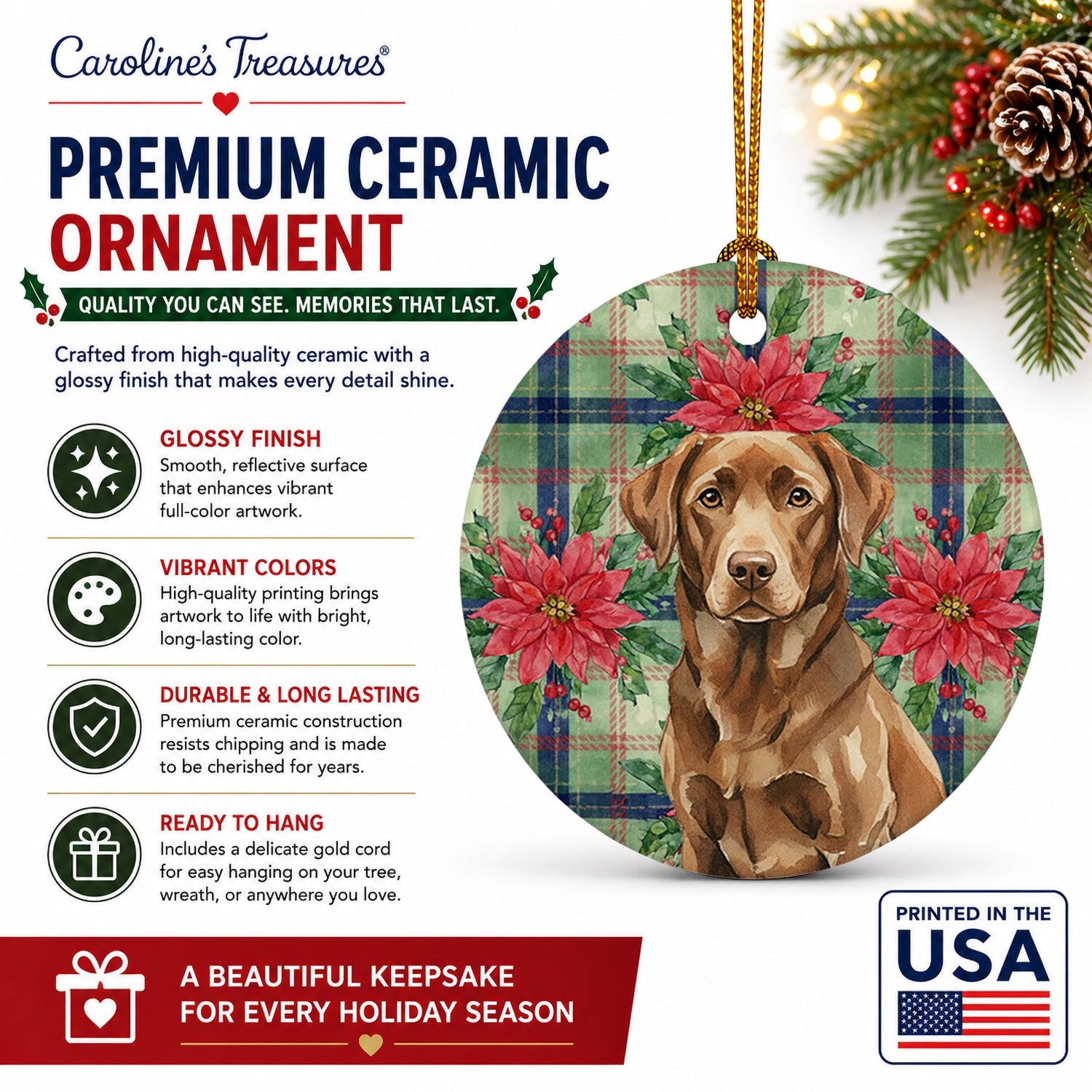 Chocolate Labrador Retriever Christmas PoinsettIas Ceramic Ornament Christmas Tree Hanging Decorations for Home Christmas Holiday, Party, Gift, 3 in, Multicolor