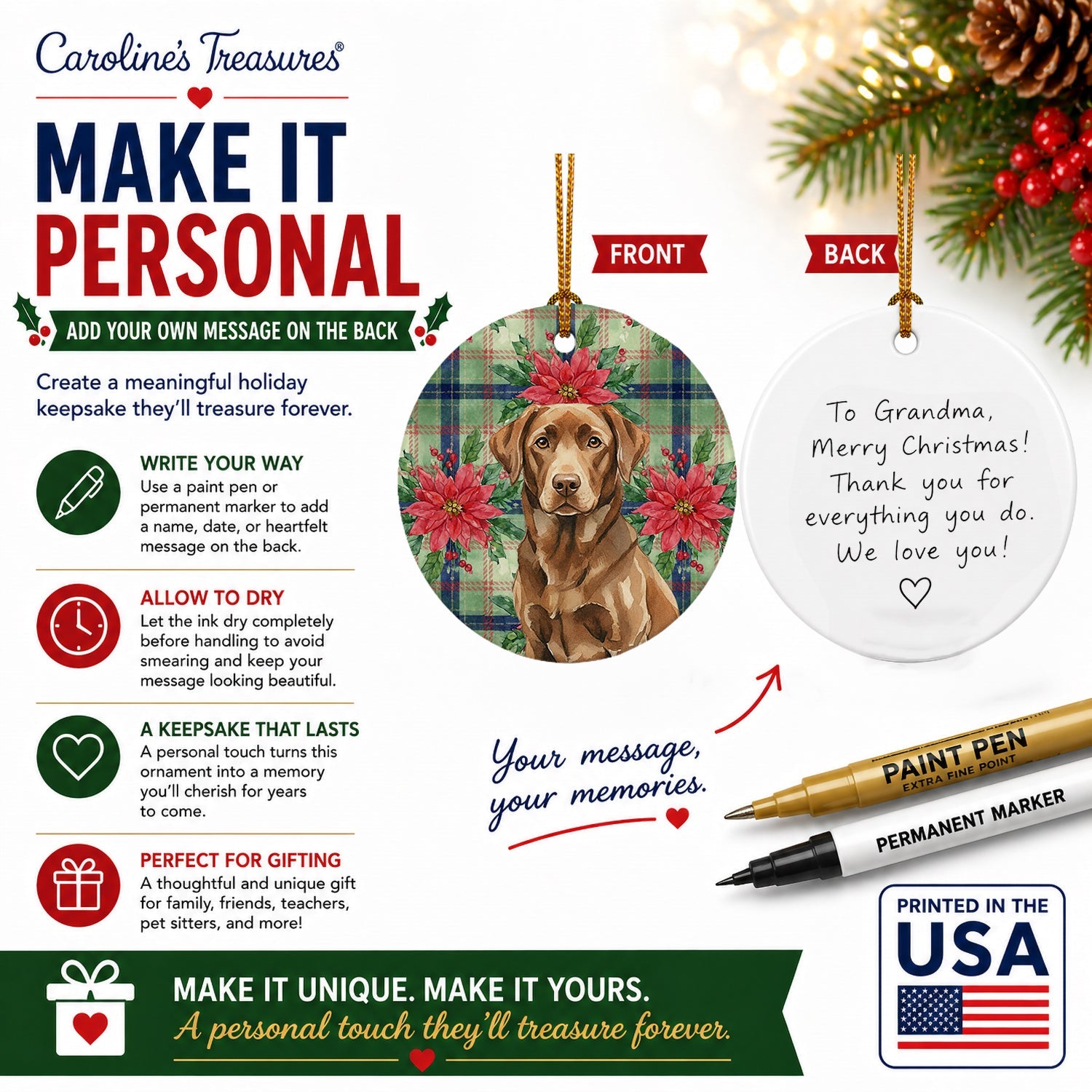 Chocolate Labrador Retriever Christmas PoinsettIas Ceramic Ornament Christmas Tree Hanging Decorations for Home Christmas Holiday, Party, Gift, 3 in, Multicolor