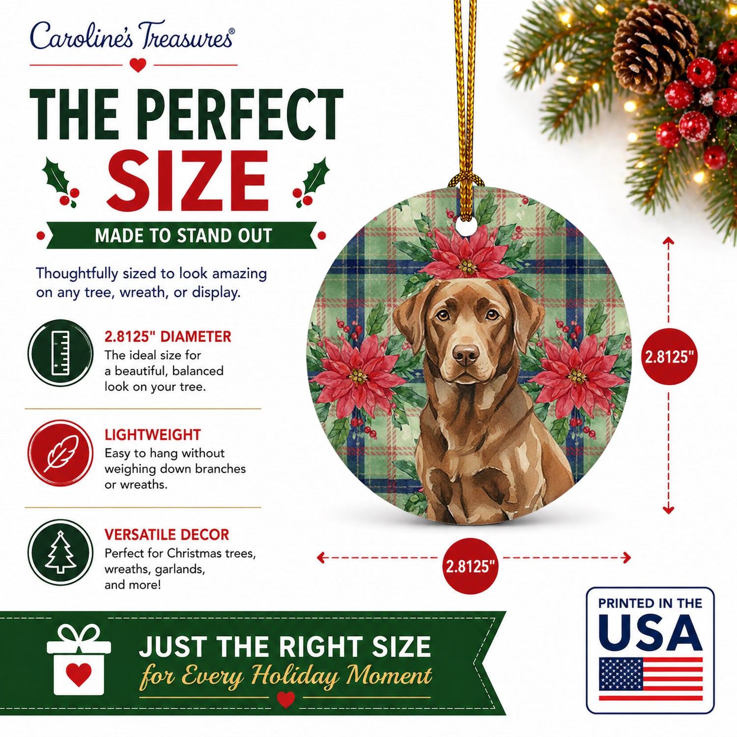 Chocolate Labrador Retriever Christmas PoinsettIas Ceramic Ornament Christmas Tree Hanging Decorations for Home Christmas Holiday, Party, Gift, 3 in, Multicolor