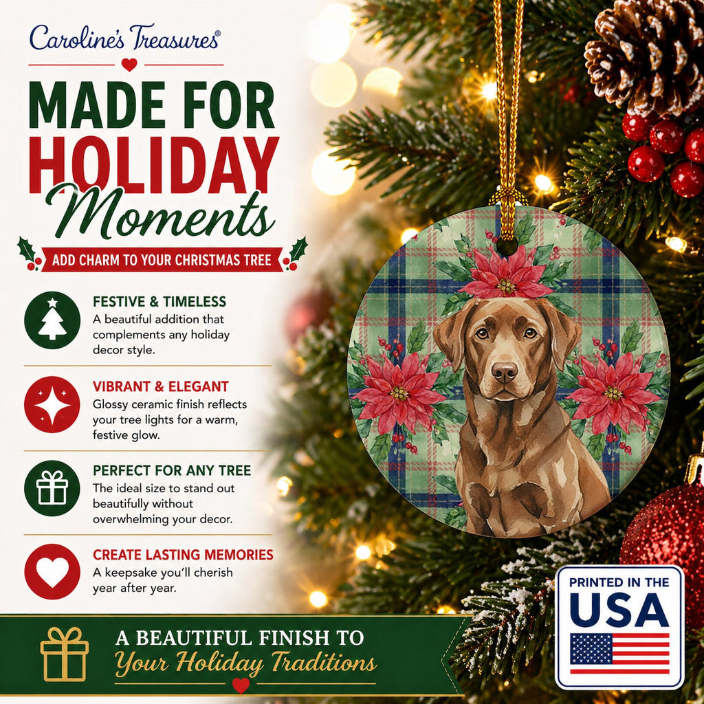 Chocolate Labrador Retriever Christmas PoinsettIas Ceramic Ornament Christmas Tree Hanging Decorations for Home Christmas Holiday, Party, Gift, 3 in, Multicolor