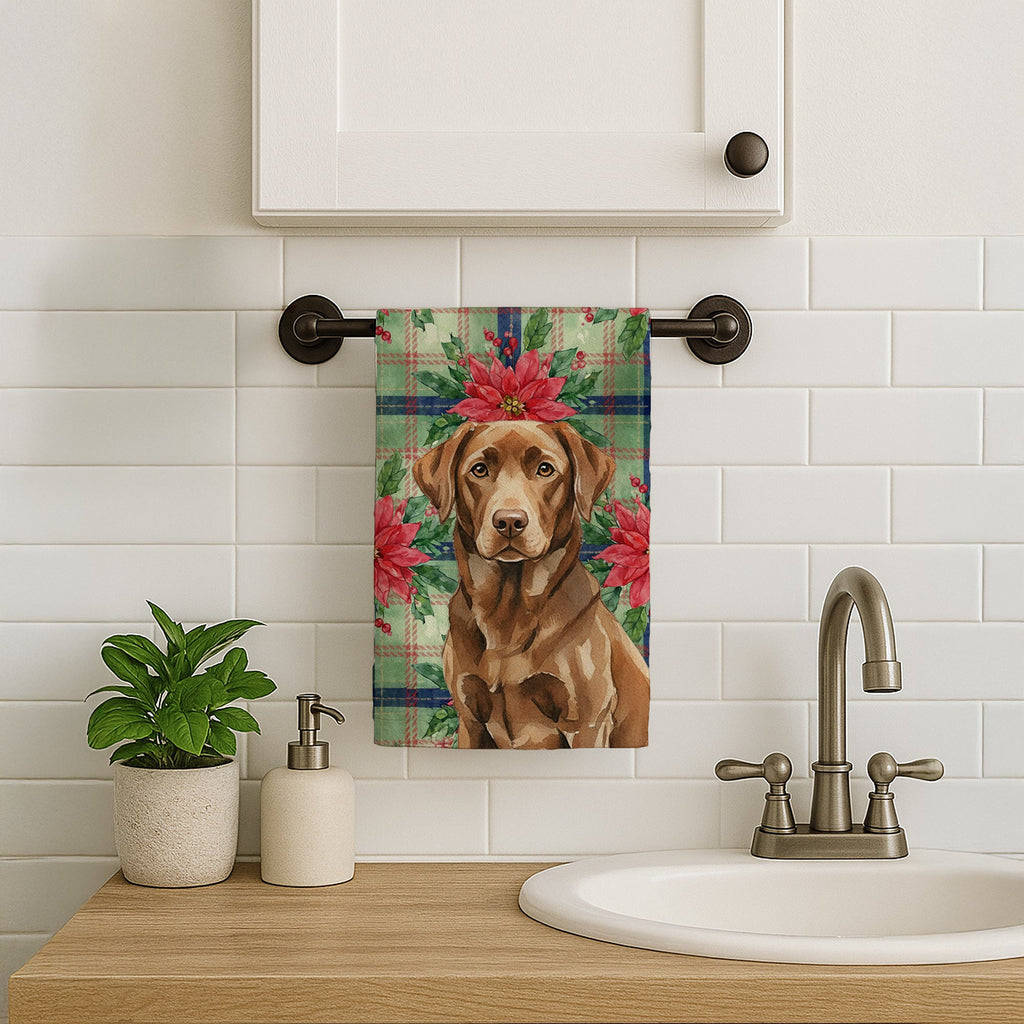 Chocolate Labrador Retriever Christmas PoinsettIas Kitchen Towel Velour Plush Front and Cotton Loop Back Machine Washable