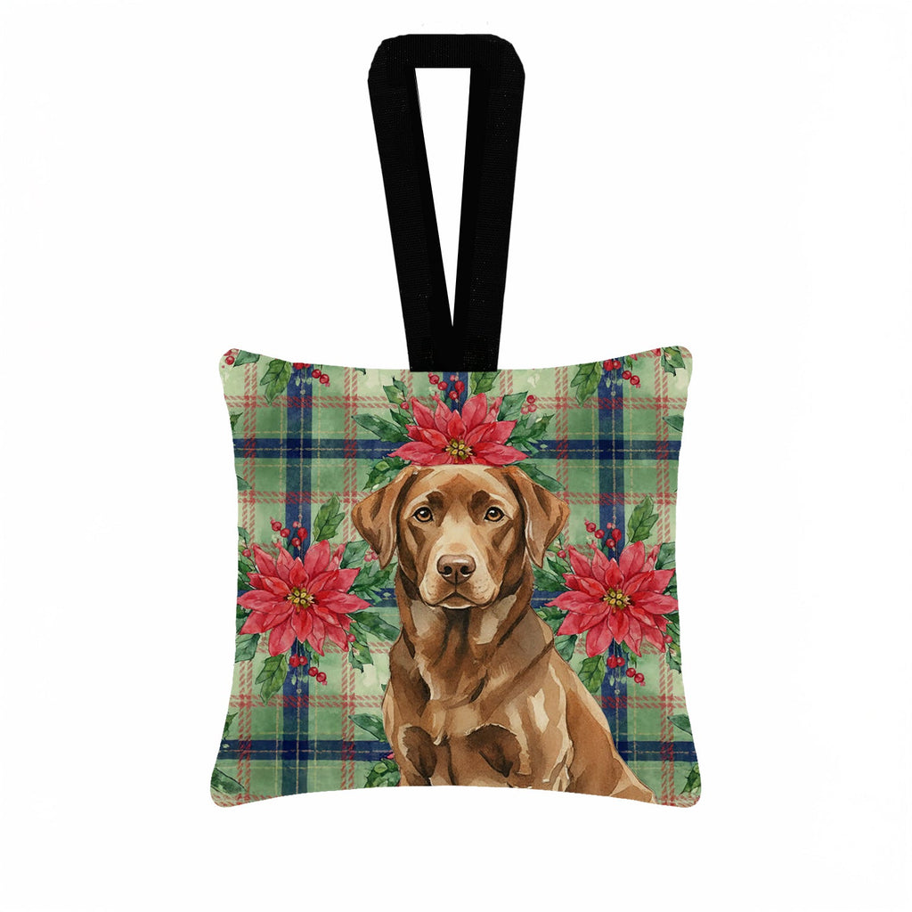 Chocolate Labrador Retriever Christmas PoinsettIas Hanging Square Fabric Ornament 3.5 � 3.5 Decorative Door-Knob & Tree Hanger, Soft Fabric