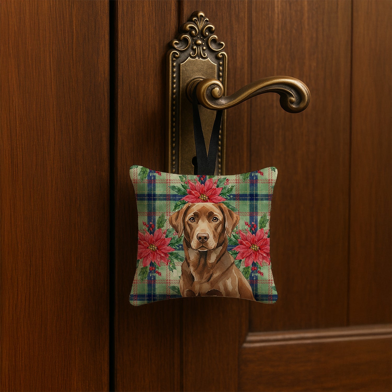 Chocolate Labrador Retriever Christmas PoinsettIas Hanging Square Fabric Ornament 3.5 � 3.5 Decorative Door-Knob & Tree Hanger, Soft Fabric