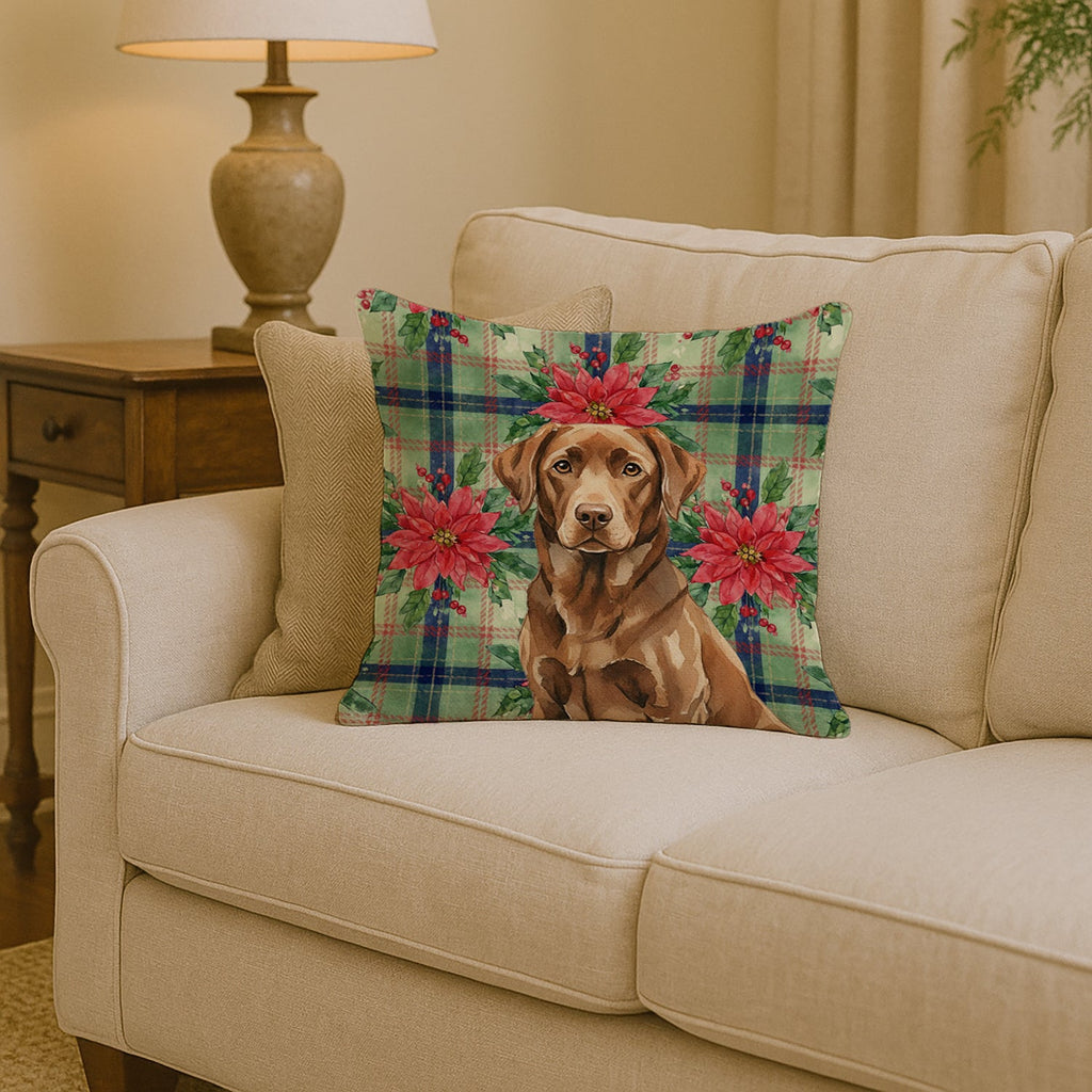 Chocolate Labrador Retriever Christmas PoinsettIas Decorative Throw Pillow 14x14 Indoor Outdoor Accent Cushion, Fabric Cover with Insert for Sofa, Bed, Porch & Living Room