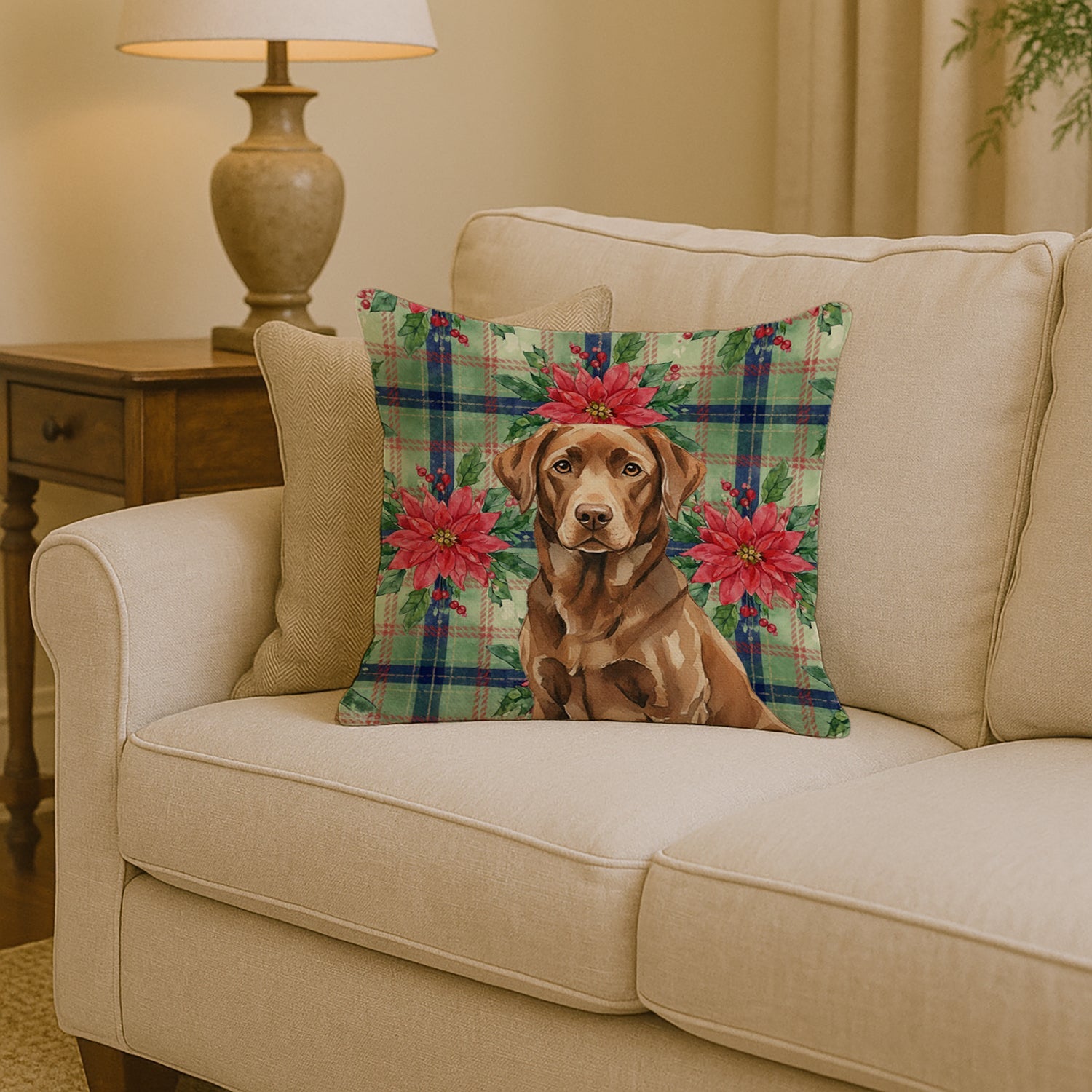 Chocolate Labrador Retriever Christmas PoinsettIas Decorative Throw Pillow 14x14 Indoor Outdoor Accent Cushion, Fabric Cover with Insert for Sofa, Bed, Porch & Living Room