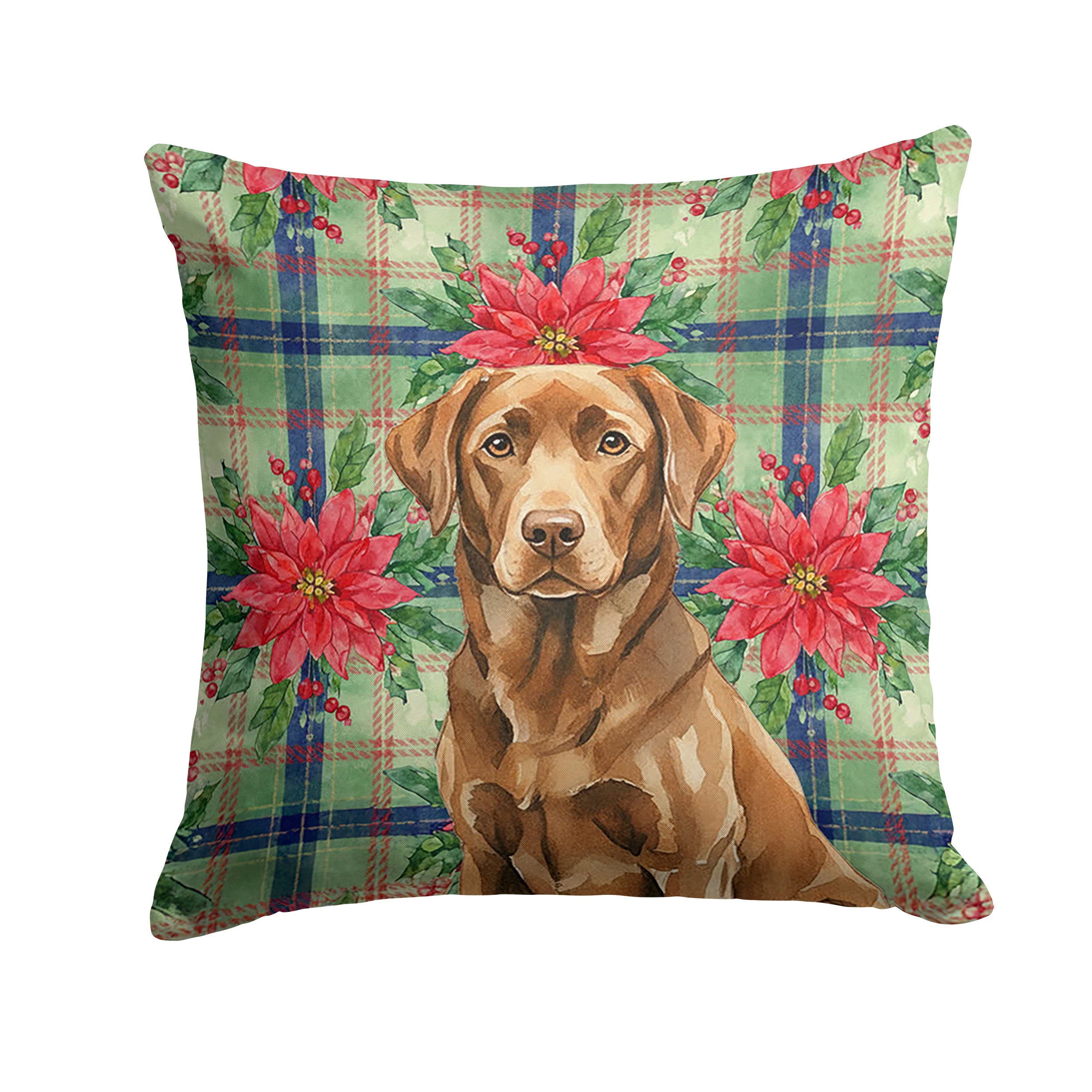 Chocolate Labrador Retriever Christmas PoinsettIas Decorative Throw Pillow 18x18 Indoor Outdoor Accent Cushion, Fabric Cover with Insert for Sofa, Bed, Porch & Living Room