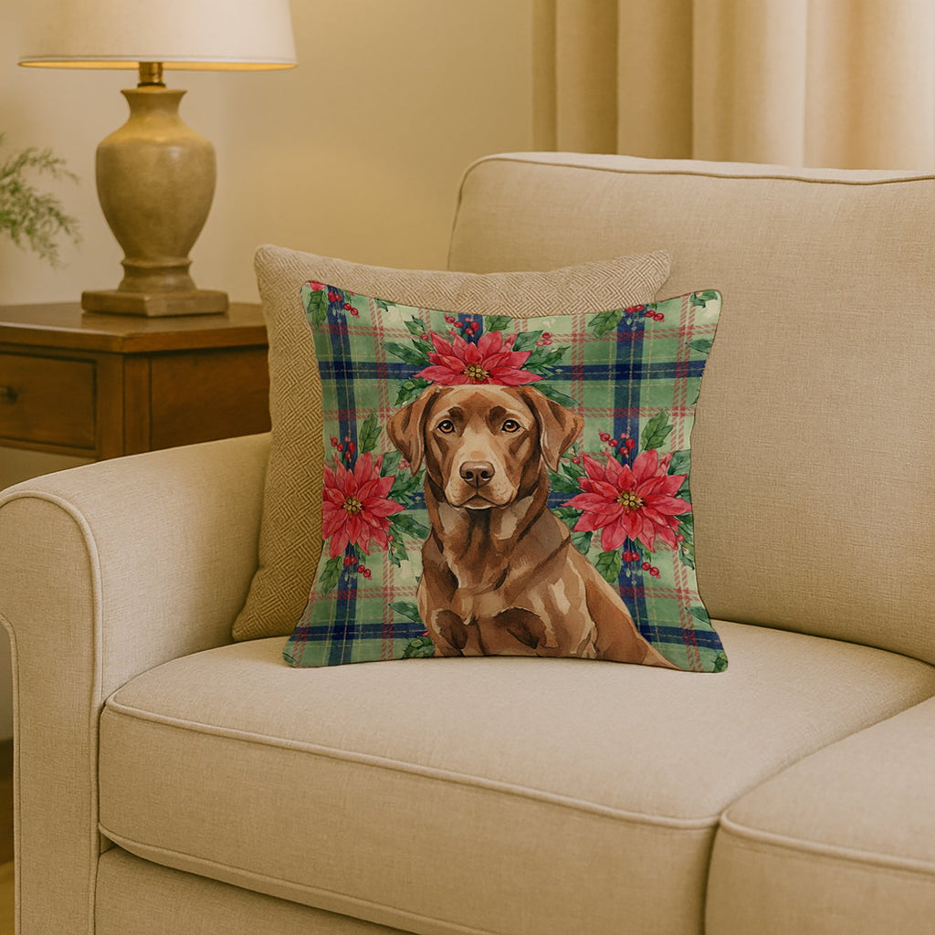 Chocolate Labrador Retriever Christmas PoinsettIas Decorative Throw Pillow 18x18 Indoor Outdoor Accent Cushion, Fabric Cover with Insert for Sofa, Bed, Porch & Living Room