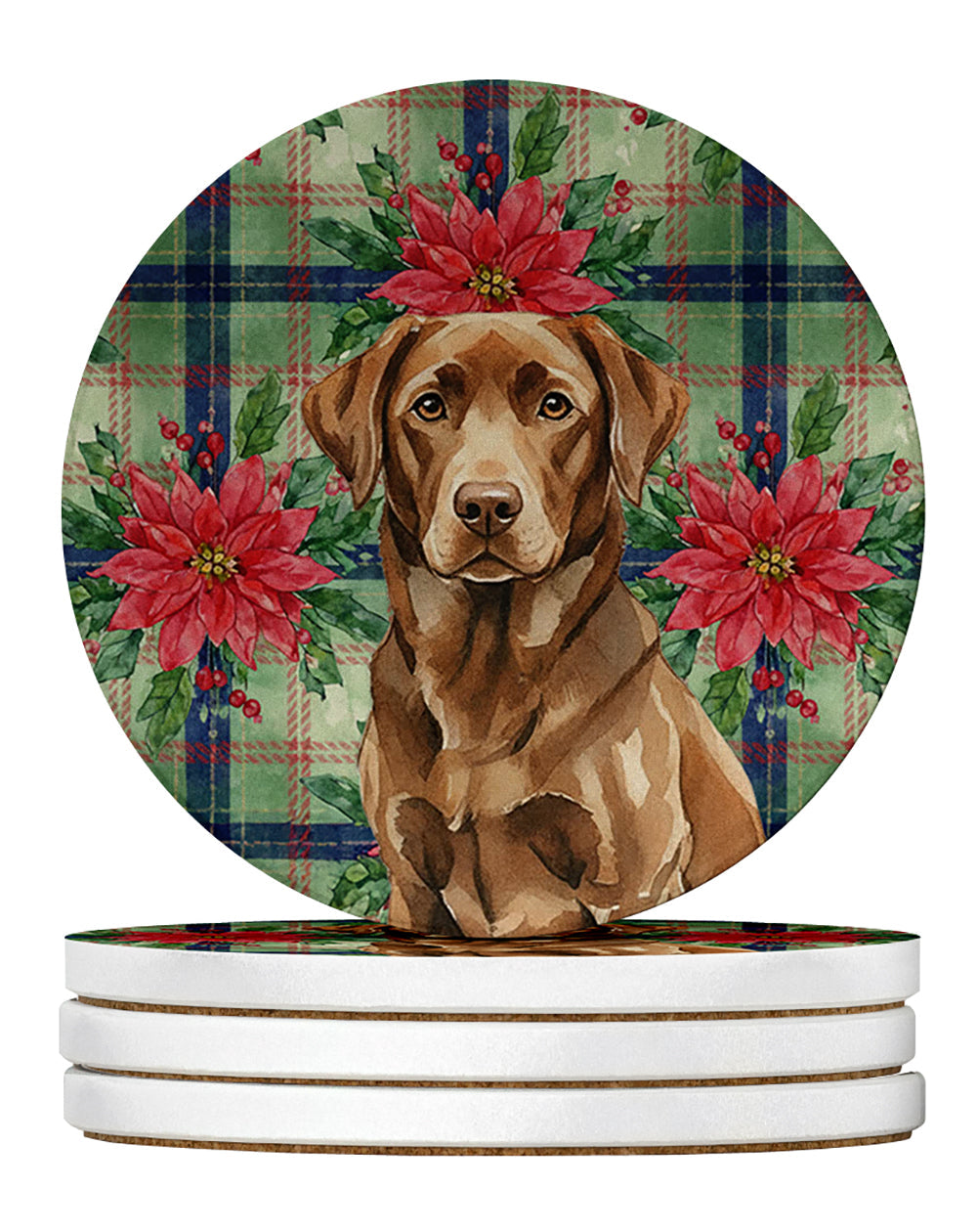 Chocolate Labrador Retriever Christmas PoinsettIas Large Sandstone Coasters Pack of 4 Absorbent Round Coasters Decor Gifts for Men or Women, 4 in, Multicolor