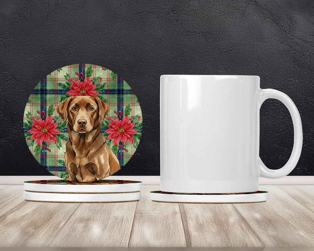 Chocolate Labrador Retriever Christmas PoinsettIas Large Sandstone Coasters Pack of 4 Absorbent Round Coasters Decor Gifts for Men or Women, 4 in, Multicolor