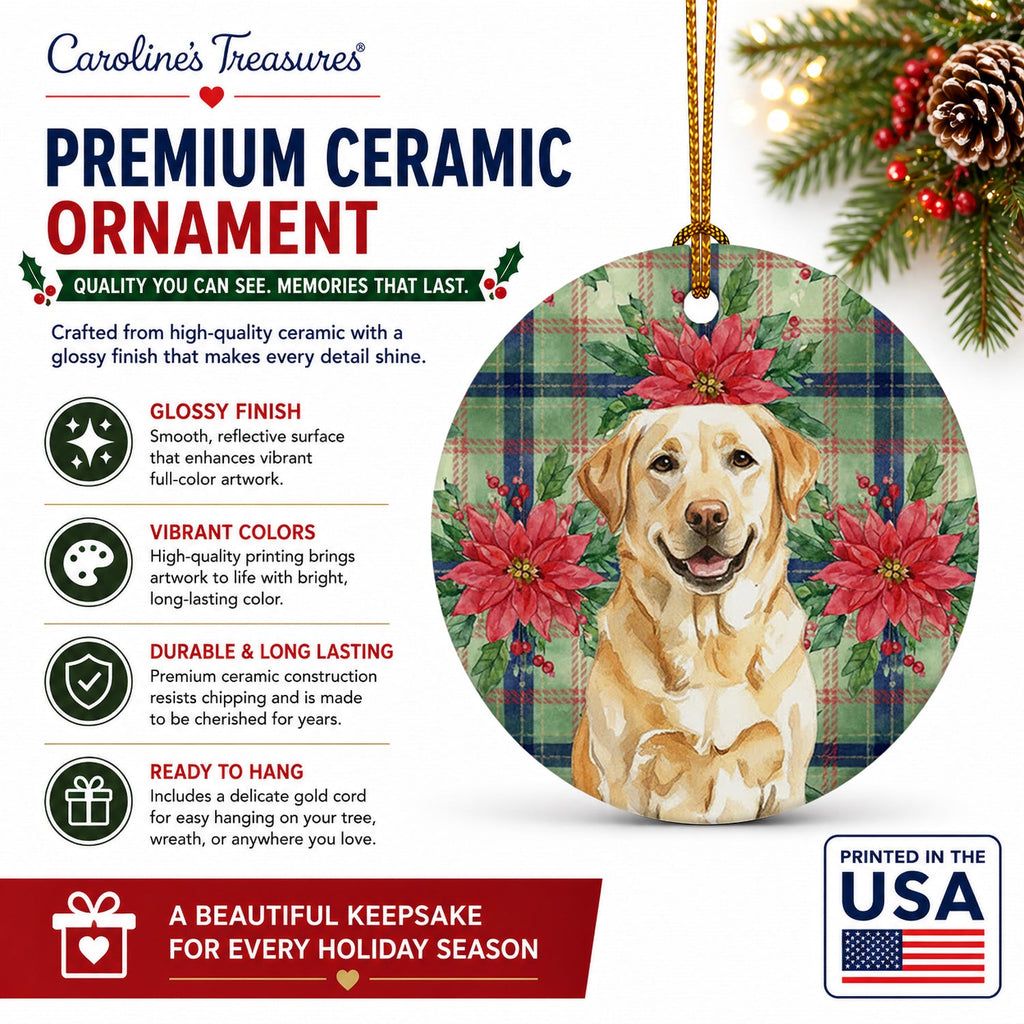 Yellow Labrador Retriever Christmas PoinsettIas Ceramic Ornament Christmas Tree Hanging Decorations for Home Christmas Holiday, Party, Gift, 3 in, Multicolor