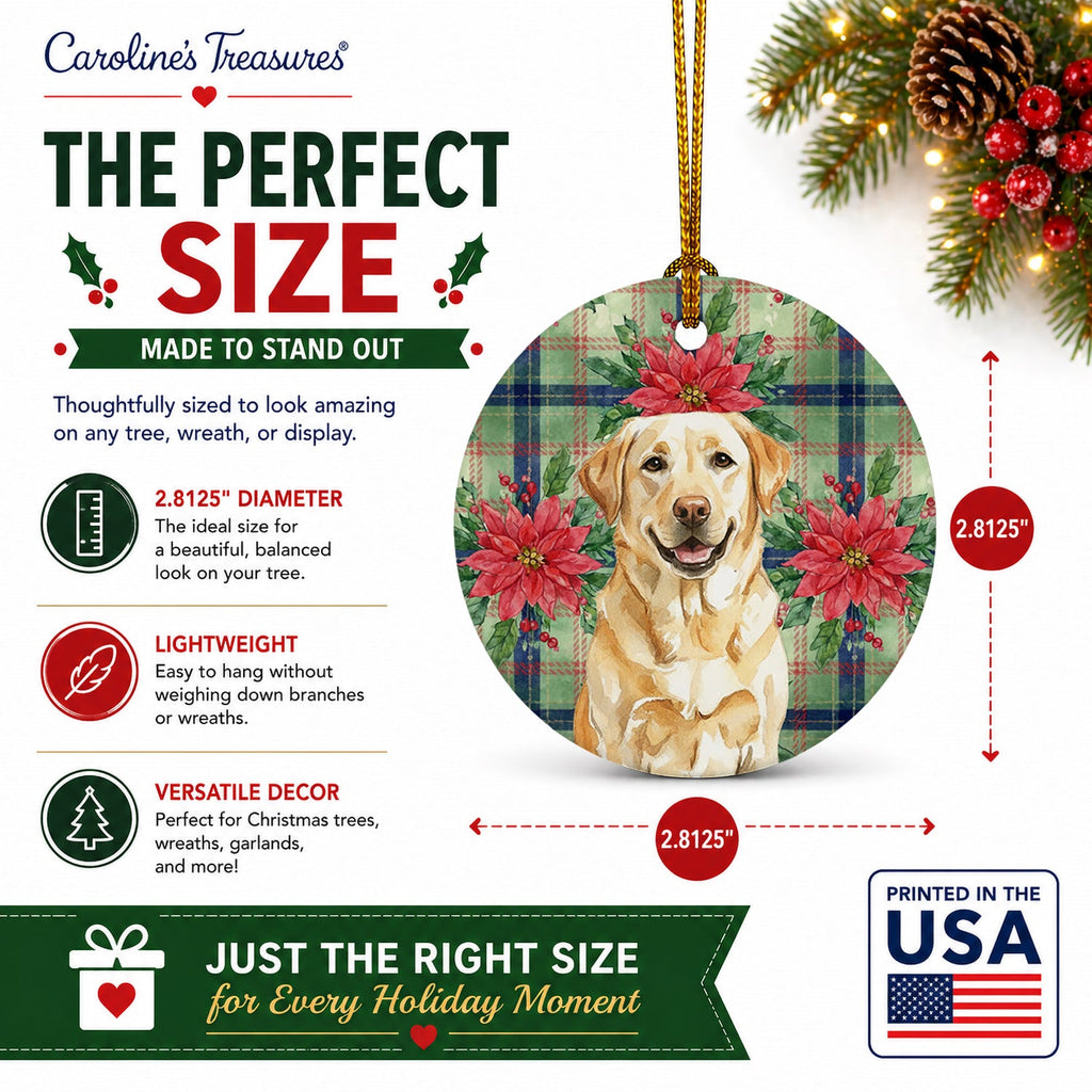 Yellow Labrador Retriever Christmas PoinsettIas Ceramic Ornament Christmas Tree Hanging Decorations for Home Christmas Holiday, Party, Gift, 3 in, Multicolor