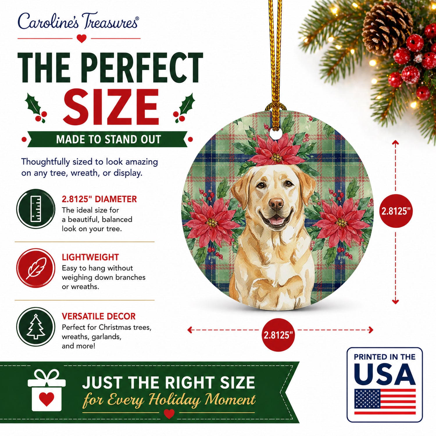 Yellow Labrador Retriever Christmas PoinsettIas Ceramic Ornament Christmas Tree Hanging Decorations for Home Christmas Holiday, Party, Gift, 3 in, Multicolor