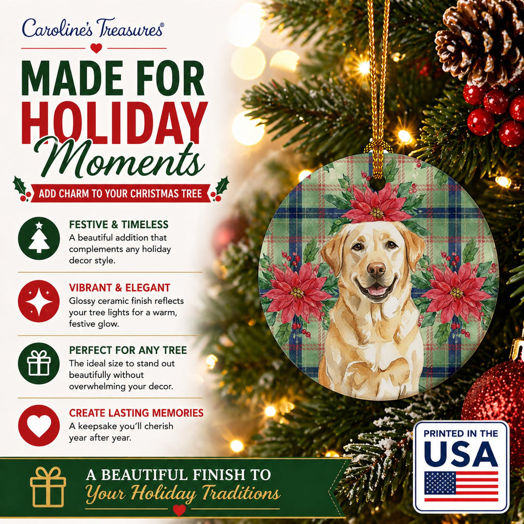 Yellow Labrador Retriever Christmas PoinsettIas Ceramic Ornament Christmas Tree Hanging Decorations for Home Christmas Holiday, Party, Gift, 3 in, Multicolor