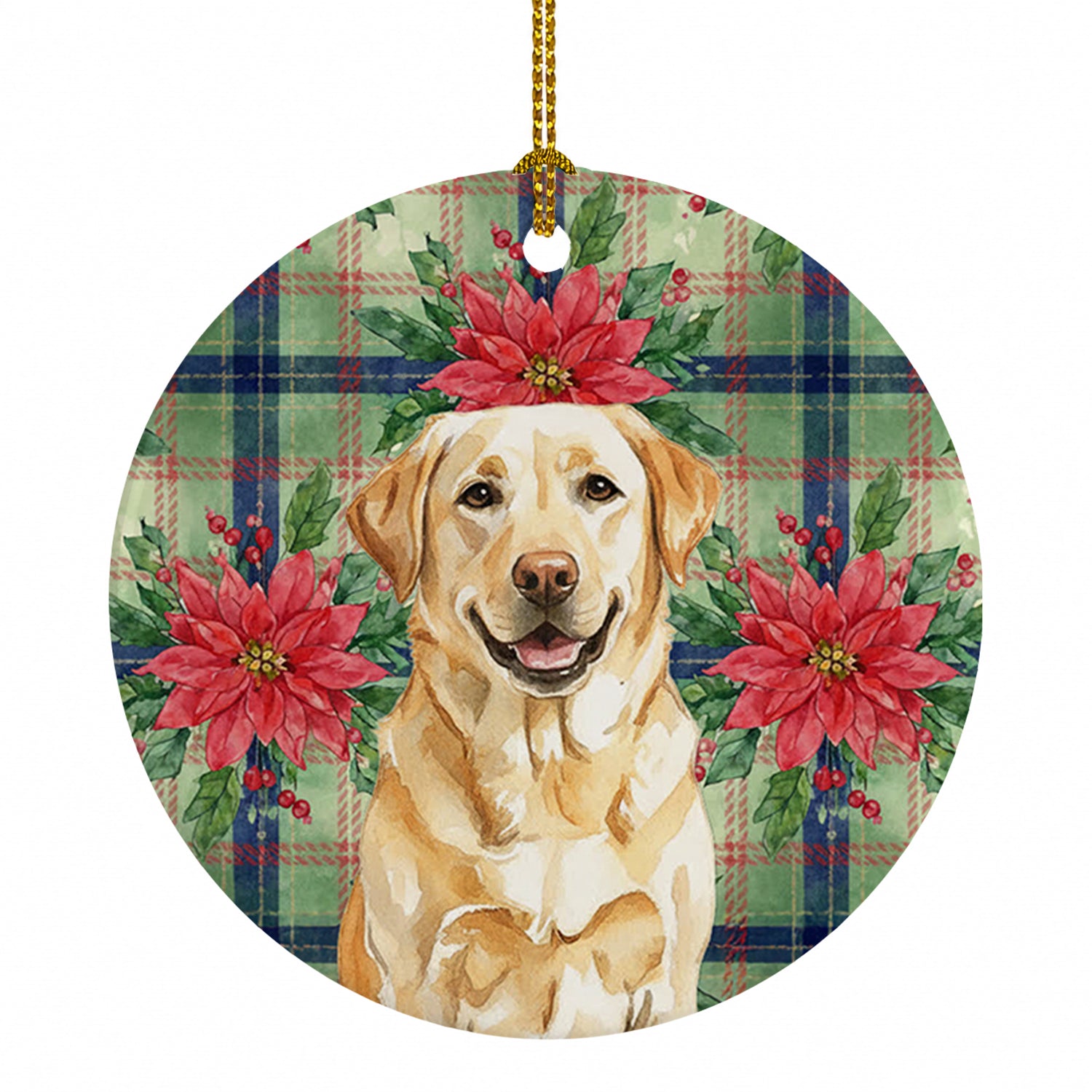 Yellow Labrador Retriever Christmas PoinsettIas Ceramic Ornament Christmas Tree Hanging Decorations for Home Christmas Holiday, Party, Gift, 3 in, Multicolor