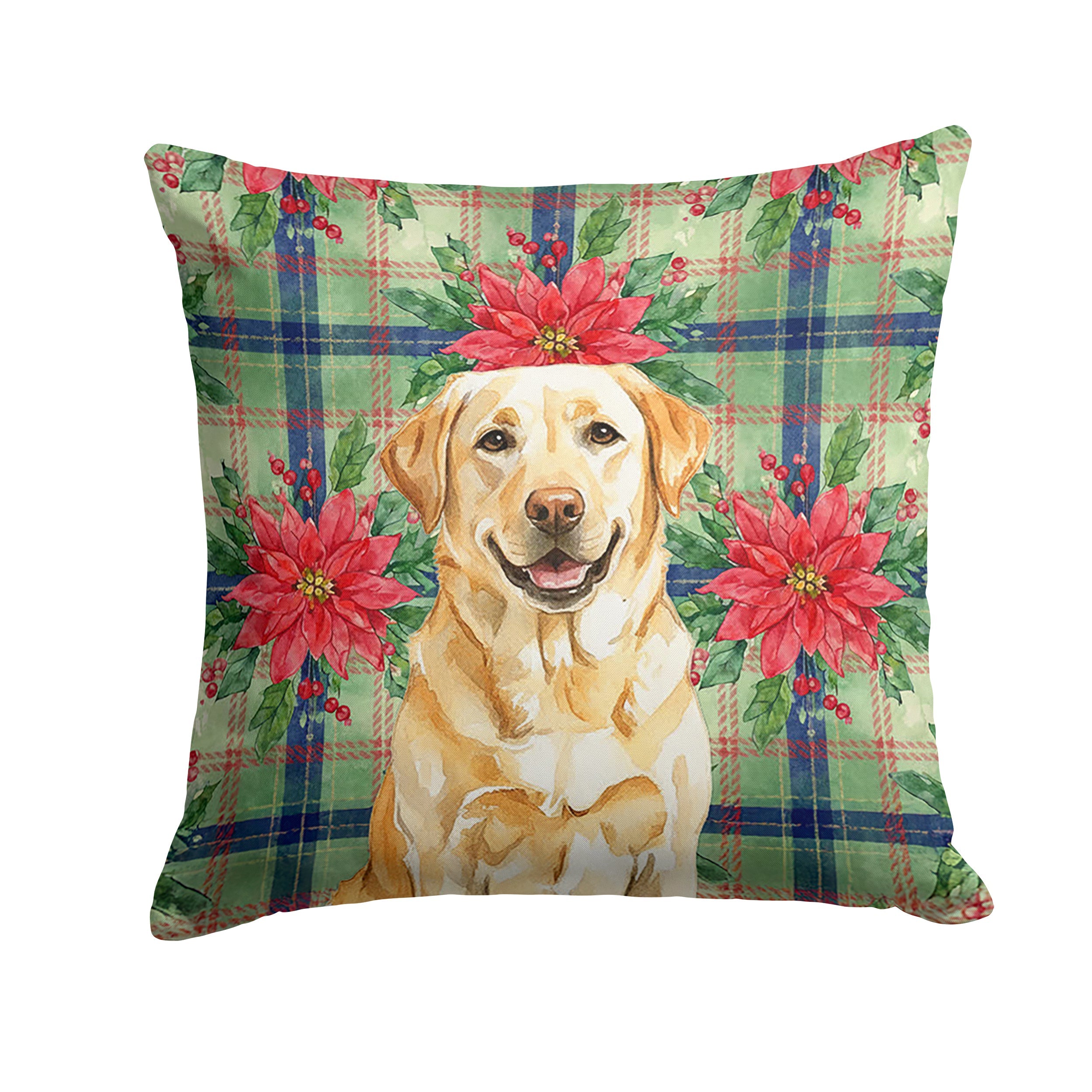 Yellow Labrador Retriever Christmas PoinsettIas Decorative Throw Pillow 18x18 Indoor Outdoor Accent Cushion, Fabric Cover with Insert for Sofa, Bed, Porch & Living Room