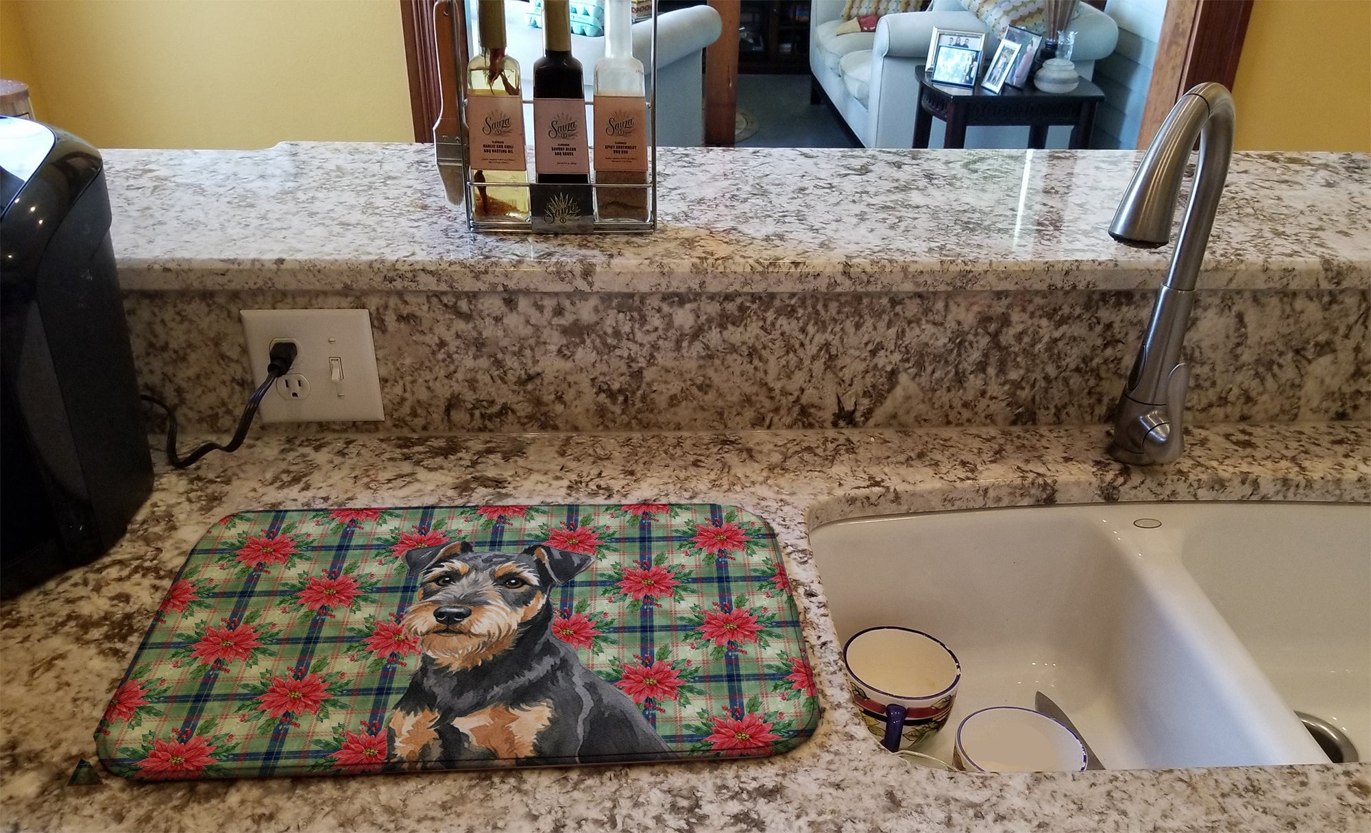 Black and Tan Lakeland Terrier Christmas PoinsettIas Dish Drying Mat Absorbent Dish Drying Mat Pad for Kitchen Counter Dish Drainer Mat for Countertop, 14 x 21", Multicolor