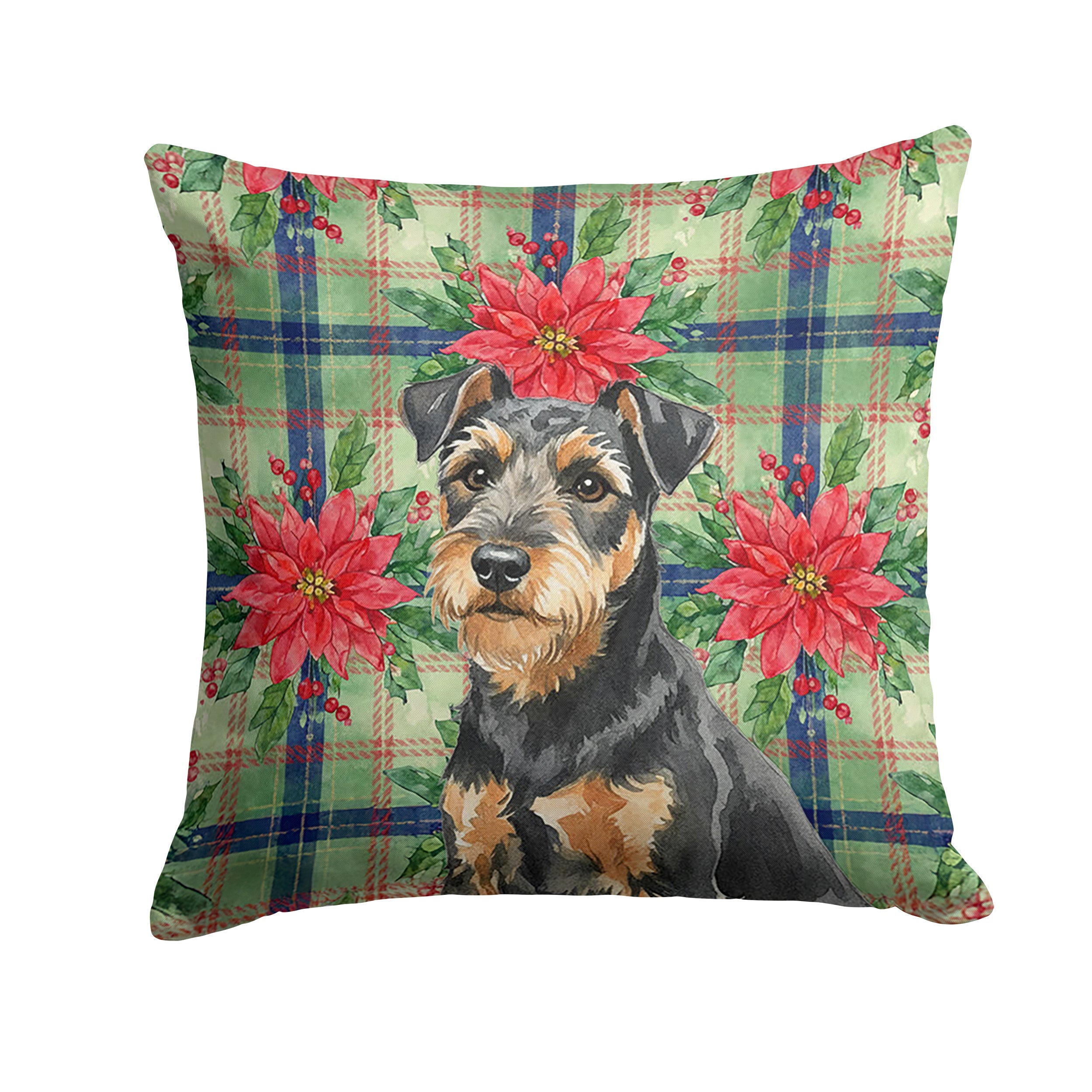 Black and Tan Lakeland Terrier Christmas PoinsettIas Decorative Throw Pillow 14x14 Indoor Outdoor Accent Cushion, Fabric Cover with Insert for Sofa, Bed, Porch & Living Room