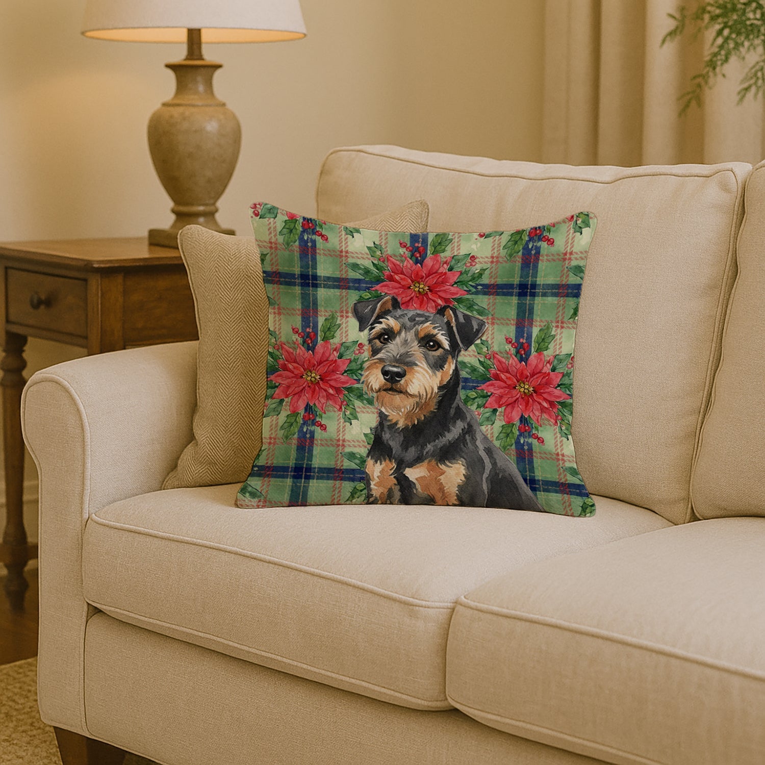Black and Tan Lakeland Terrier Christmas PoinsettIas Decorative Throw Pillow 14x14 Indoor Outdoor Accent Cushion, Fabric Cover with Insert for Sofa, Bed, Porch & Living Room