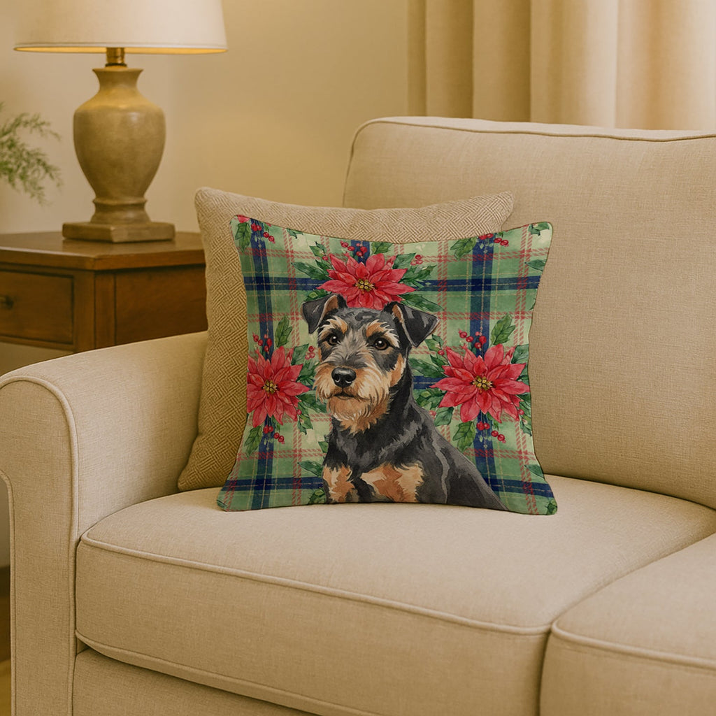 Black and Tan Lakeland Terrier Christmas PoinsettIas Decorative Throw Pillow 18x18 Indoor Outdoor Accent Cushion, Fabric Cover with Insert for Sofa, Bed, Porch & Living Room